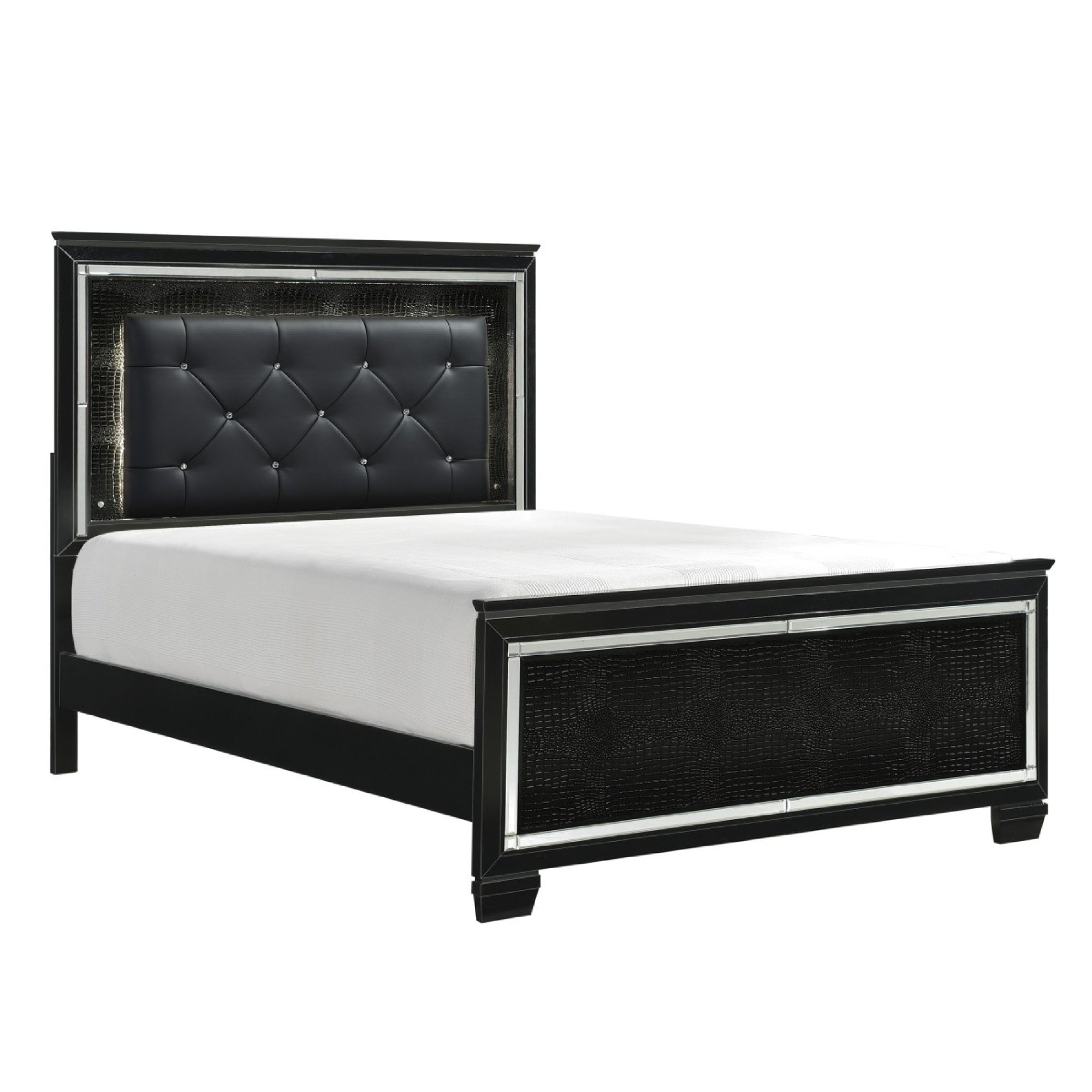 Lura Full Bed, LED Headboard, Embossed Panels, Tufted Black Faux Leather