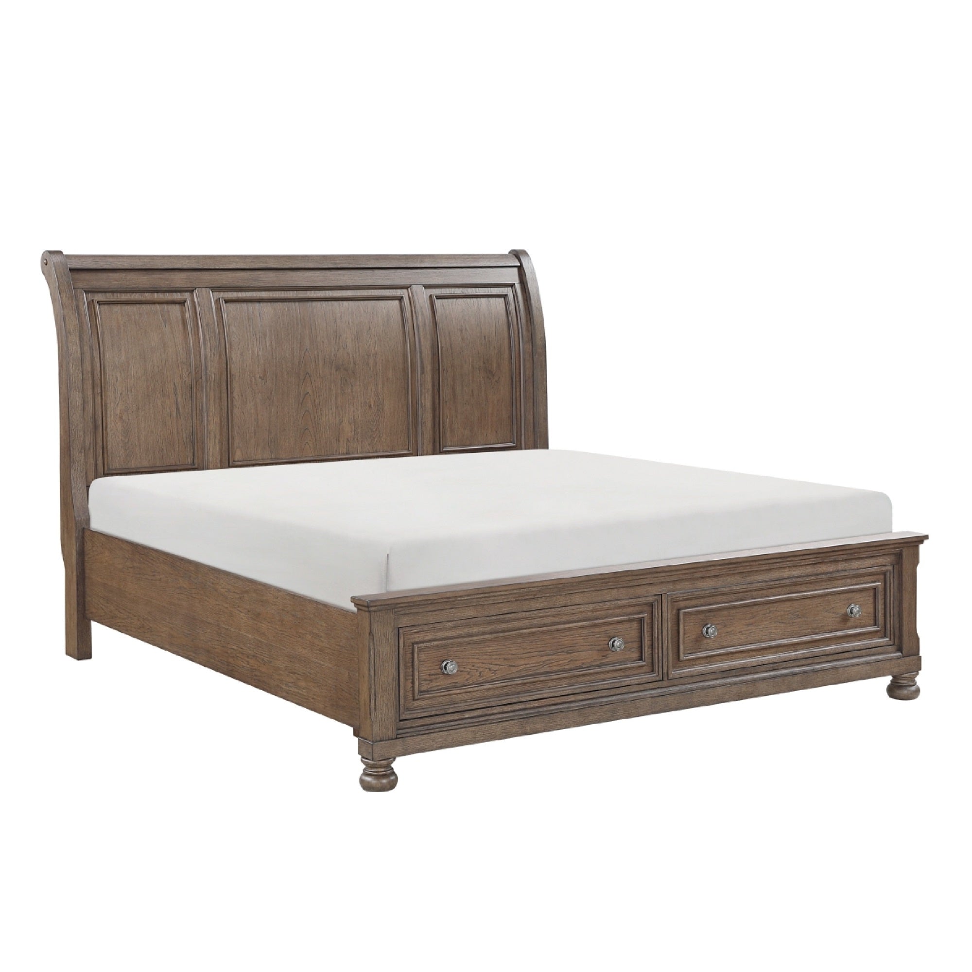 Bely Queen Sleigh Bed, Footboard Storage, Picture Frame Molding, Brown Wood
