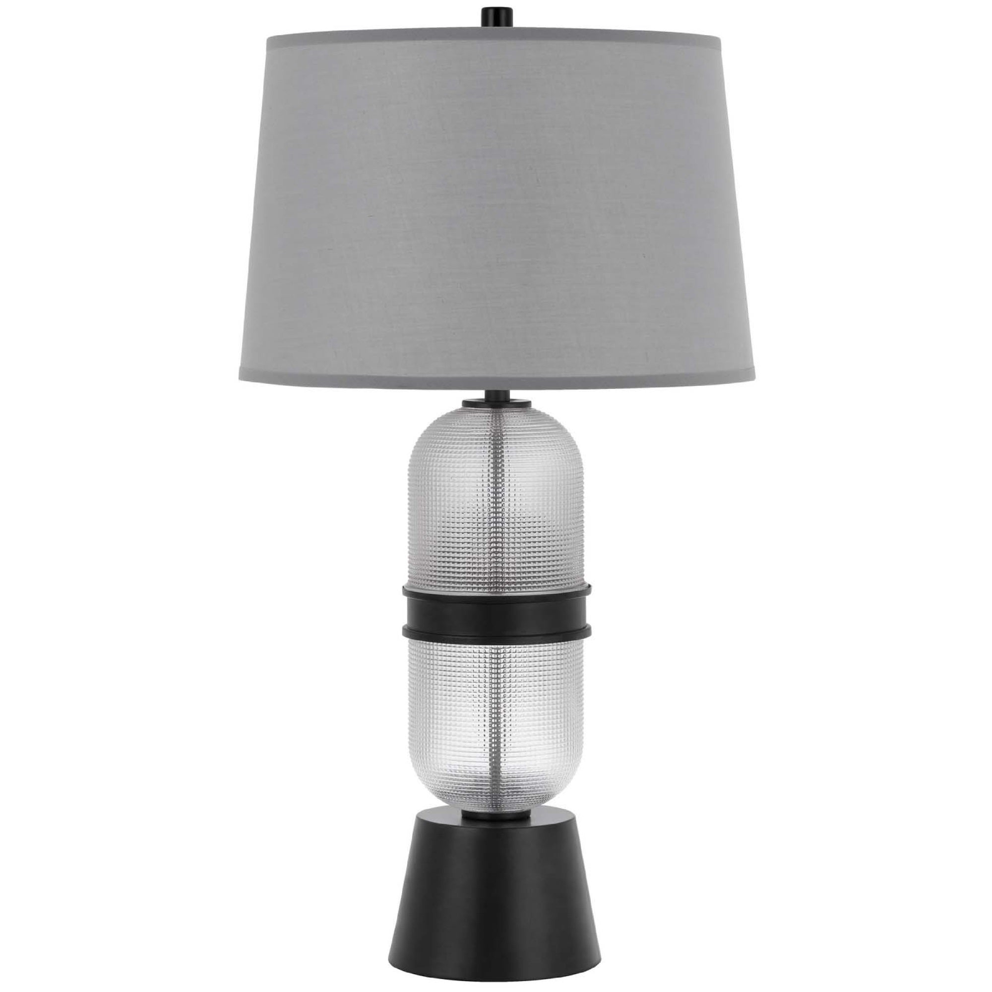 Table Lamp with LED Light, Gray Drum Shade, Frosted Glass Base, 29 Inch