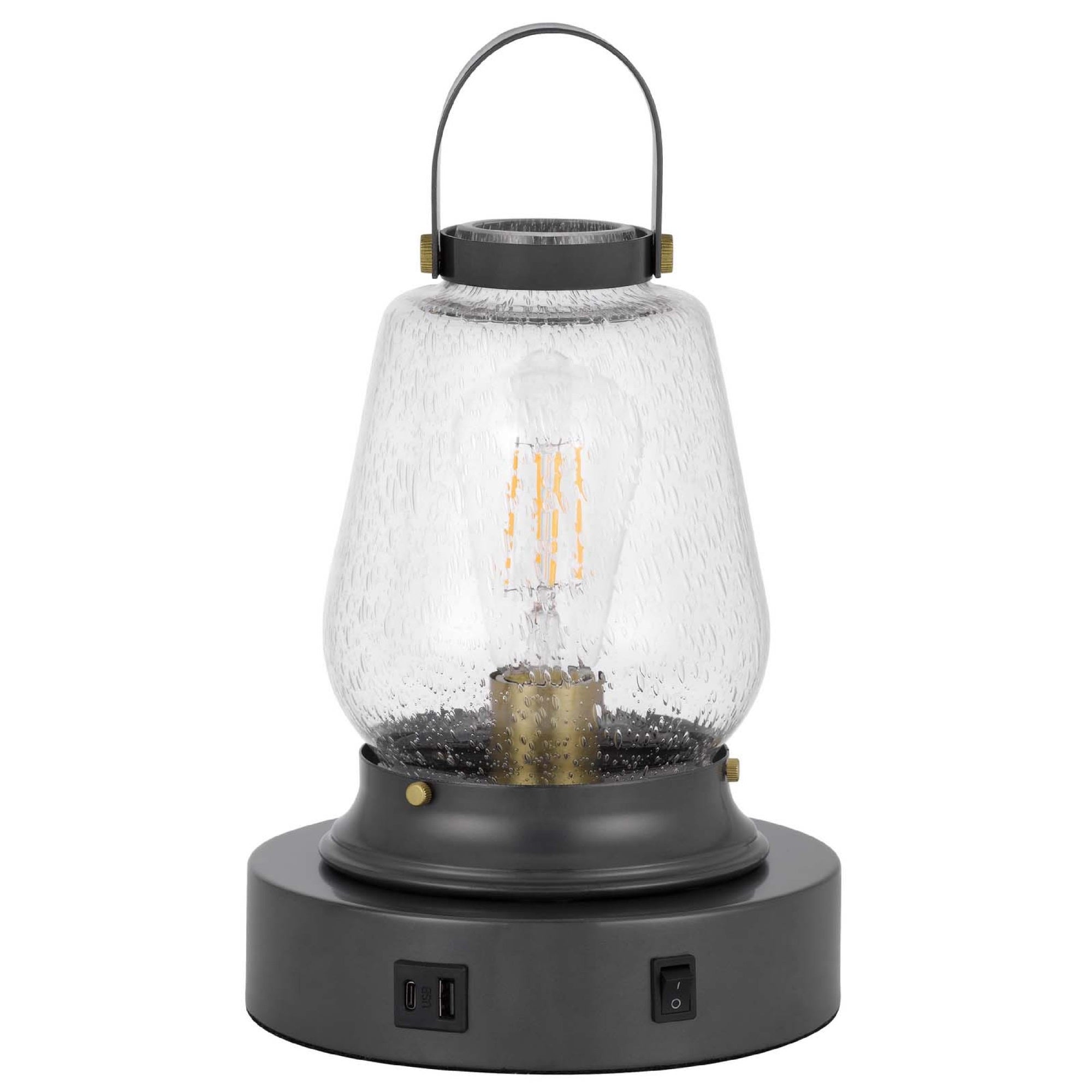 Jerry Lantern Table Lamp, Bubble Glass Shade, USB Ports, Dark Bronze