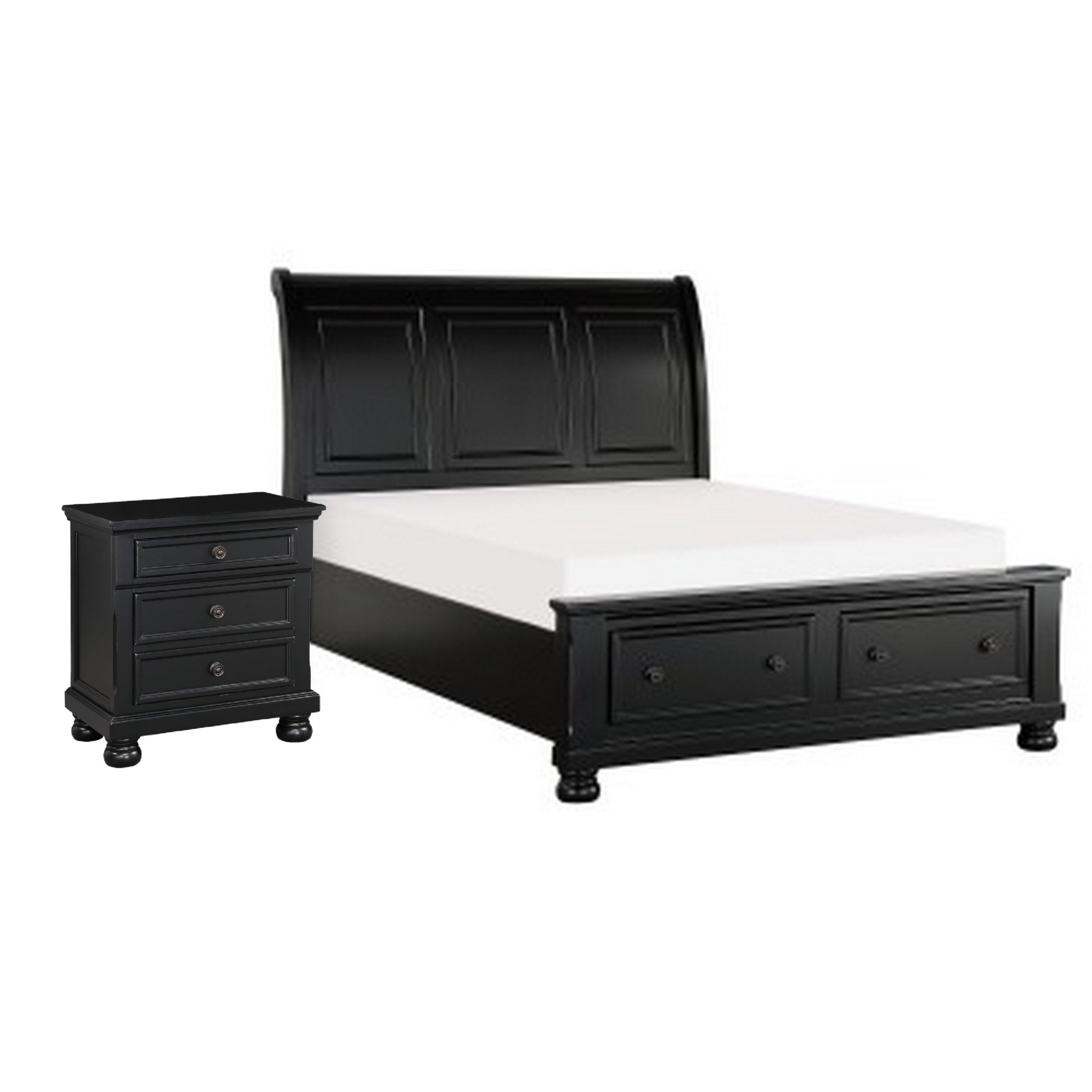 Queen Size Bedroom Set, Black Finish, Storage Bed with Drawers, 2-Piece Set with Bed and Nightstand