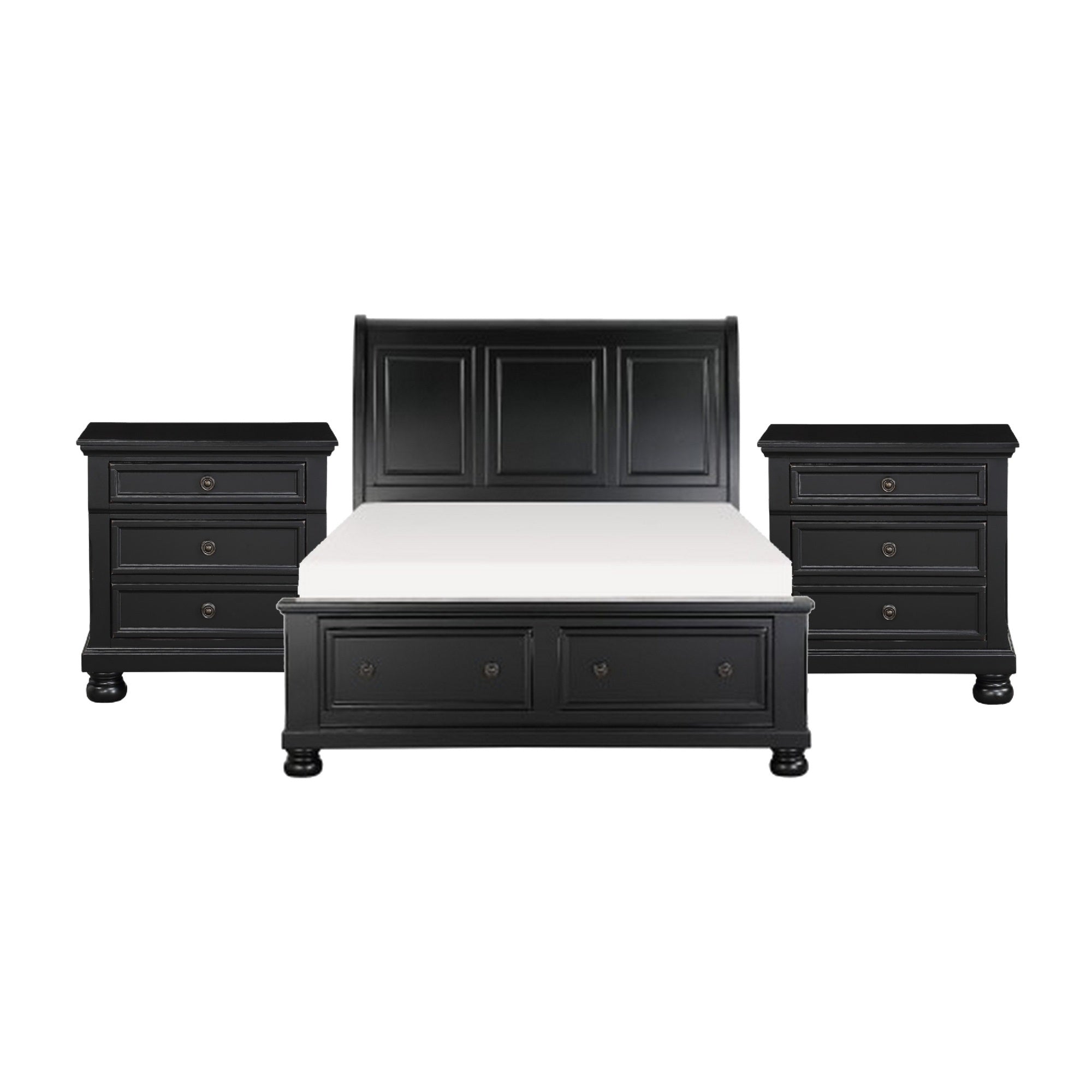 Queen Size Bedroom Set, Black Finish, Storage Bed with Drawers, 3-Piece Set with Bed and Two Nightstands