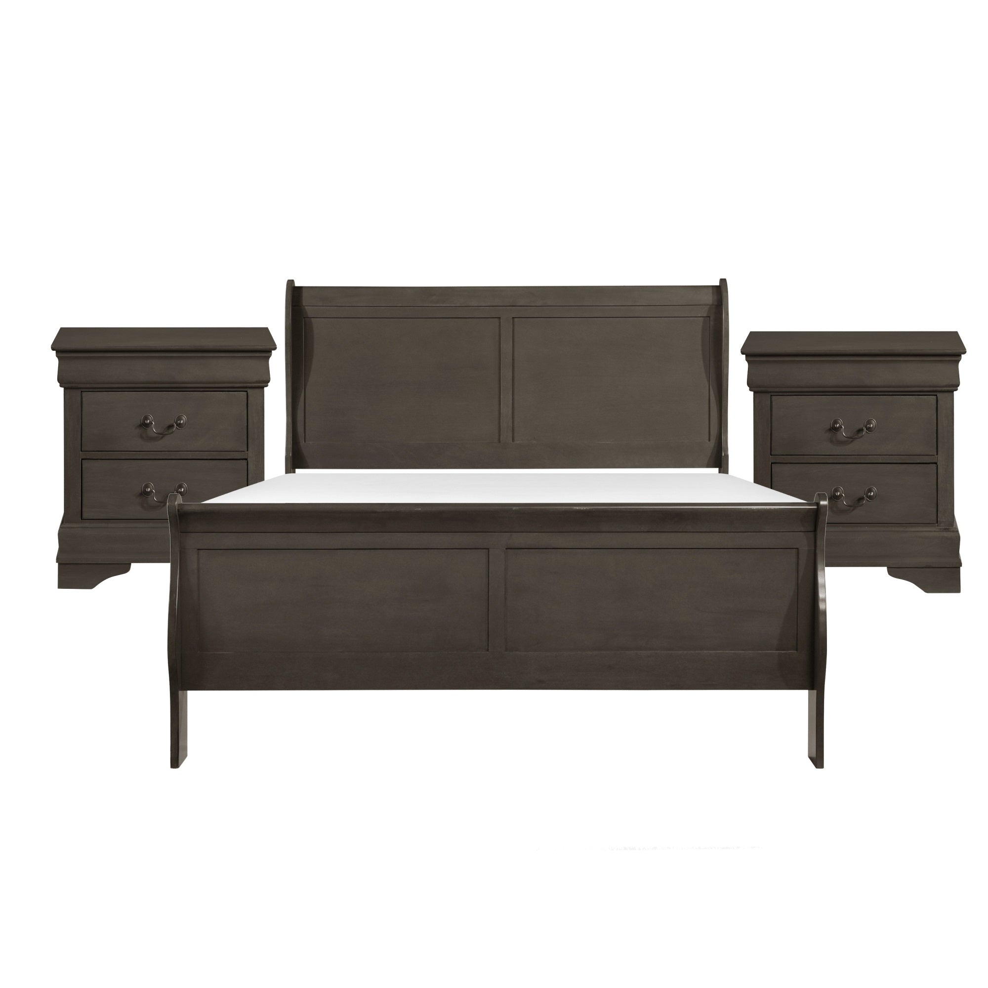 Queen Size Bedroom Set, Gray Finish, 3-Piece Set with Bed and Two Nightstands