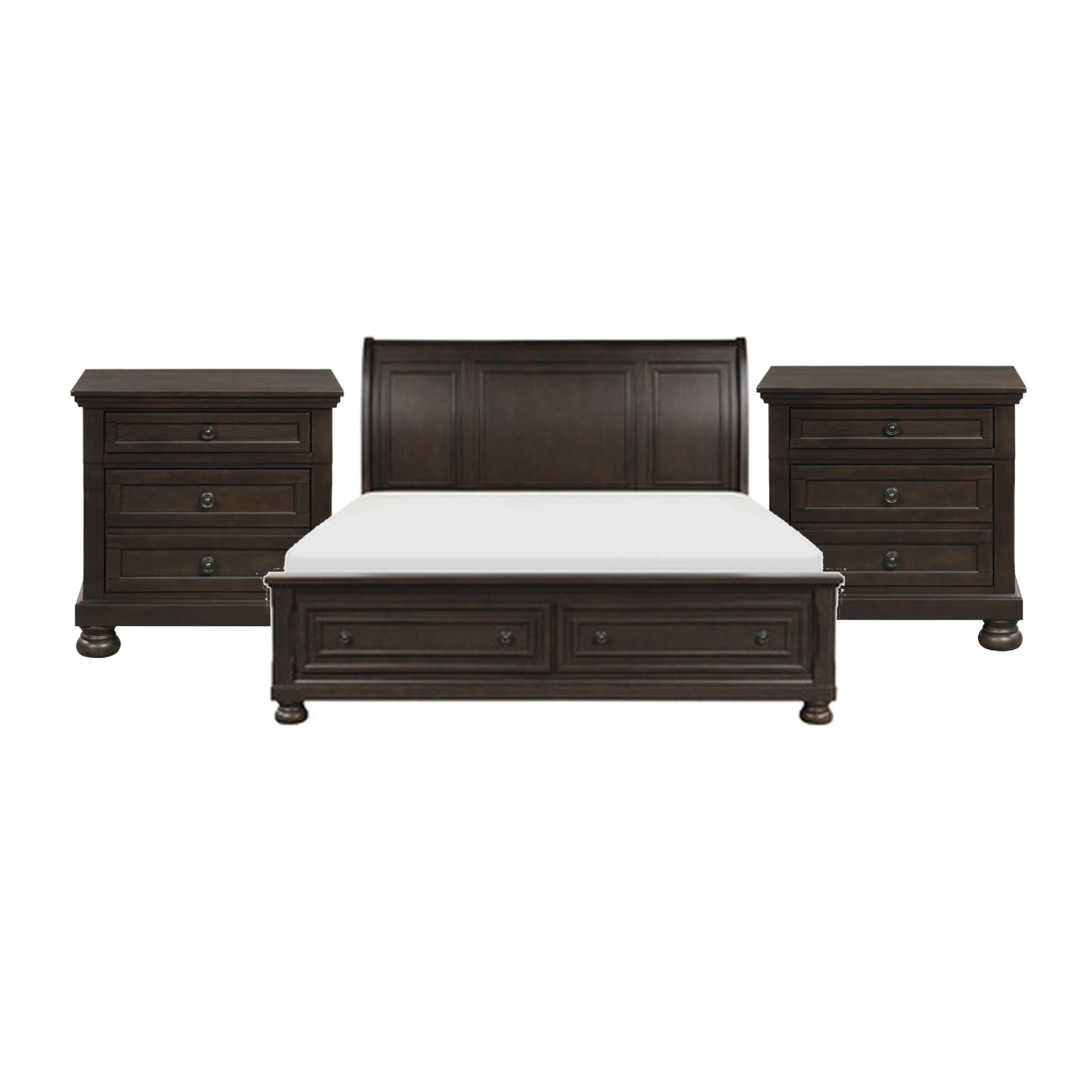Queen Size Bedroom Set, Brown Finish, Storage Bed with Drawers, 3-Piece Set with Bed and Two Nightstands