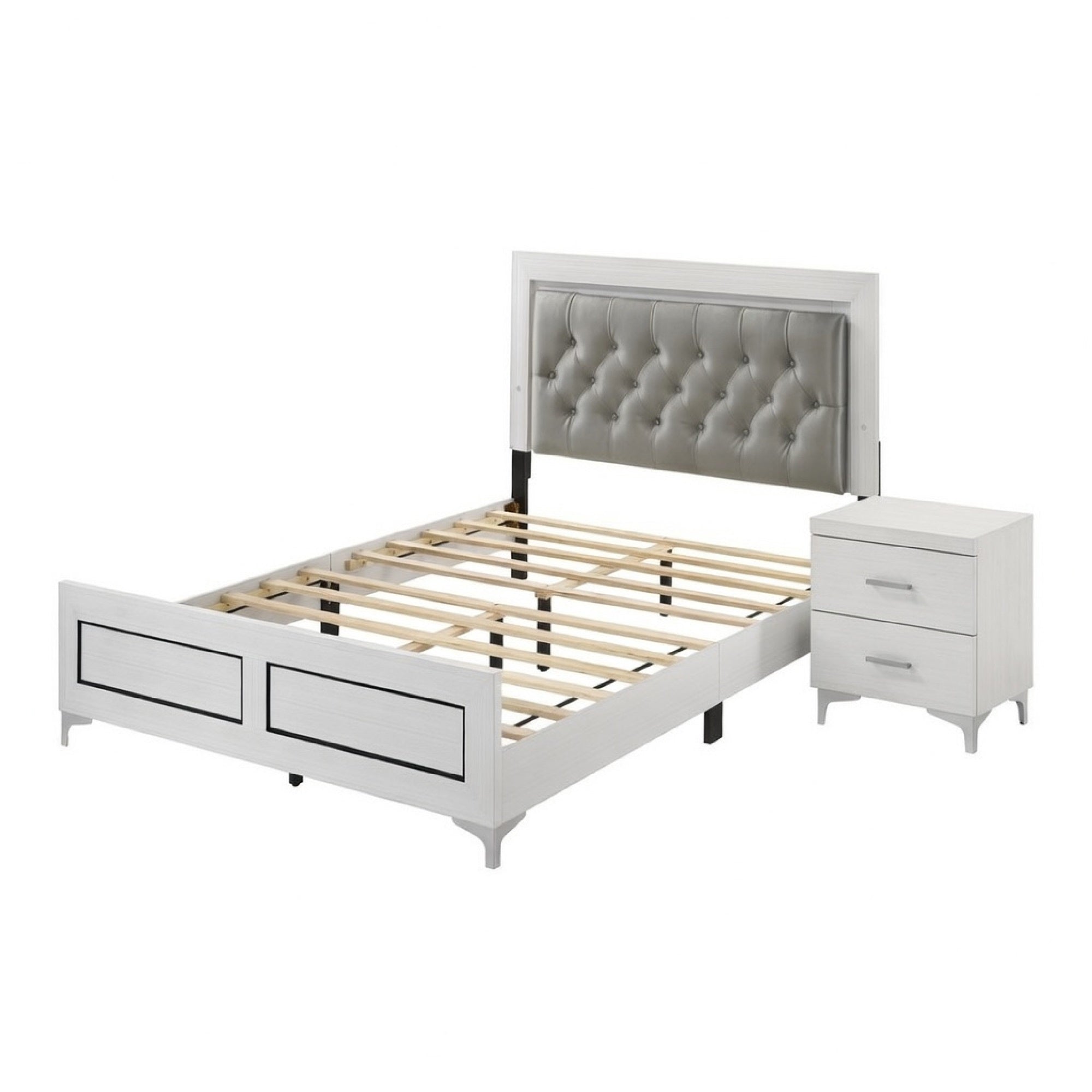 Queen Size Bedroom Set, White Finish, Storage Bed with Drawers, 2-Piece Set with Bed and Nightstand