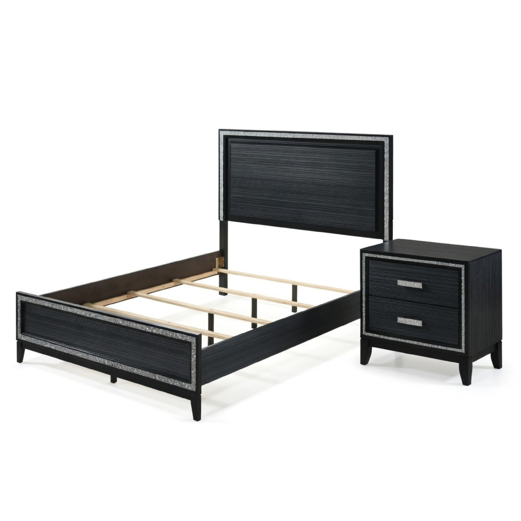 Queen Size Bedroom Set, Black Finish, 2-Piece Set with Bed and Nightstand