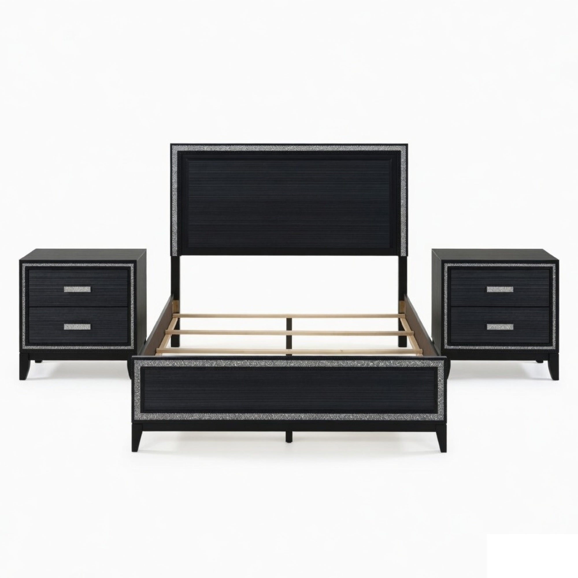 Queen Size Bedroom Set, Black Finish, 3-Piece Set with Bed and Two Nightstands