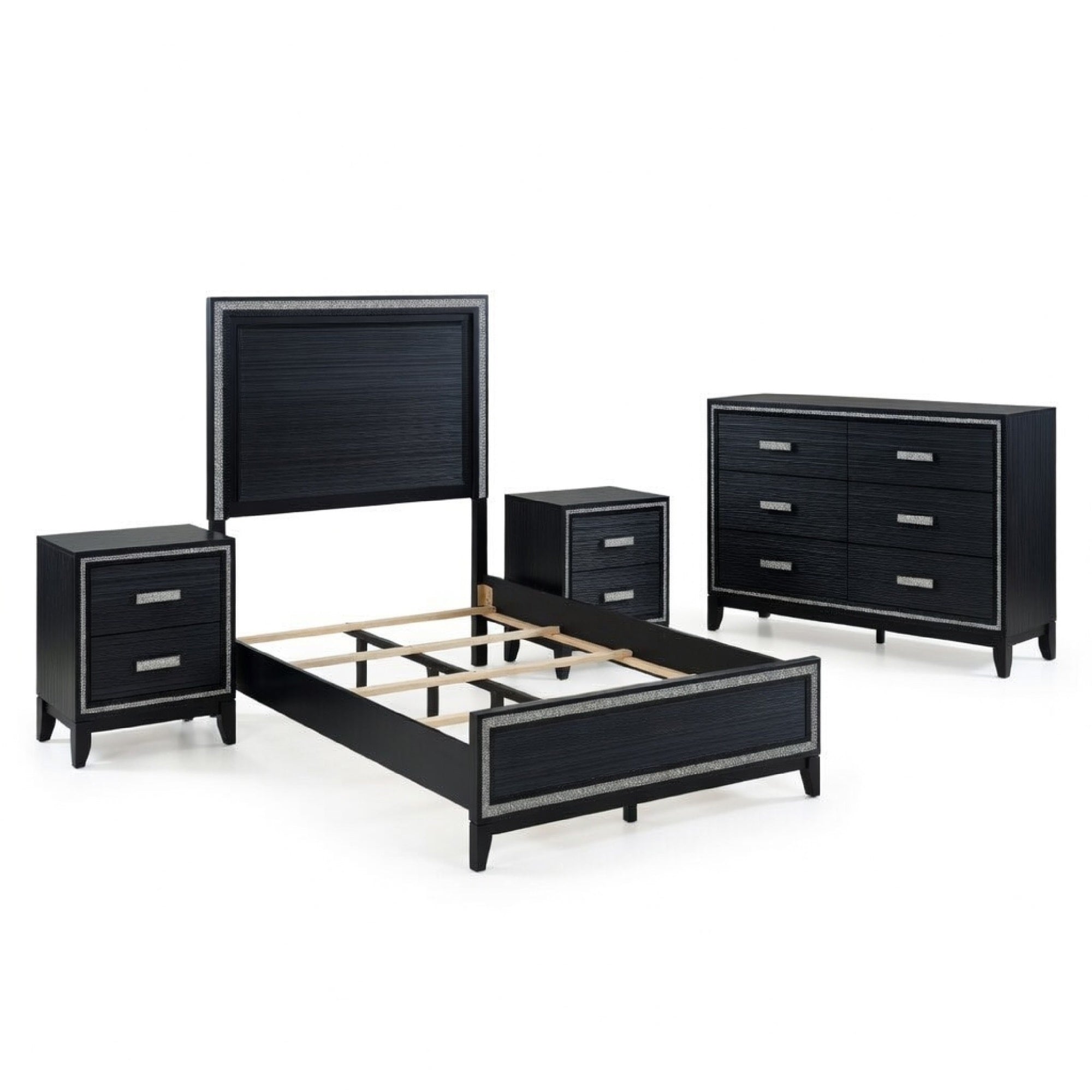 Queen Size Bedroom Set, Black Finish, 4-Piece Set with Bed, 2 Nightstands and Dresser