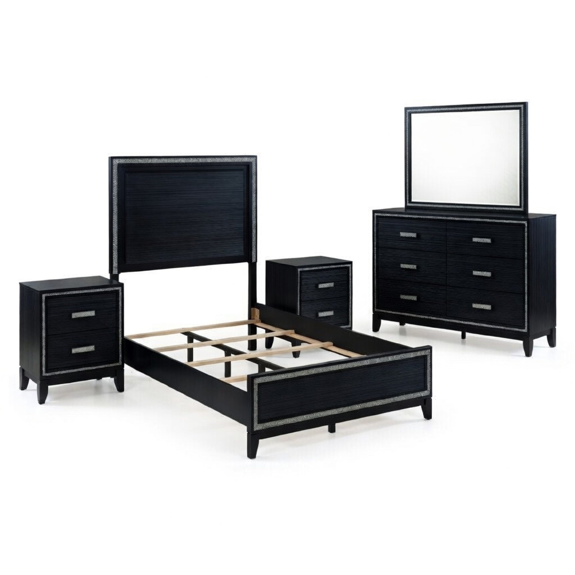 Queen Size Bedroom Set, Black Finish, 5-Piece Set with Bed, 2 Nightstands, Dresser and Mirror