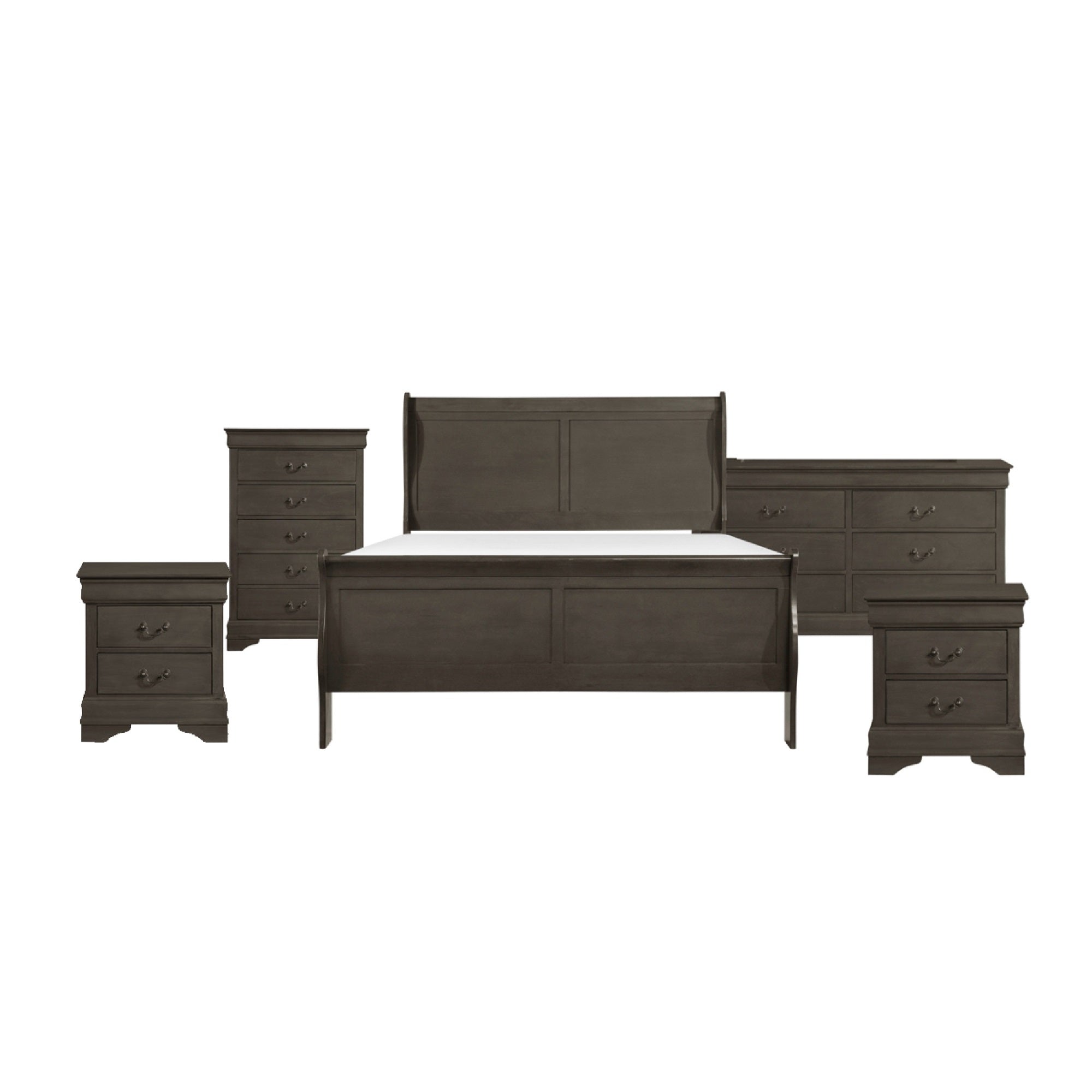 Queen Size Bedroom Set, Gray Finish, Panel Headboard, 5-Piece Set with Bed, 2 Nightstands, Dresser and Chest