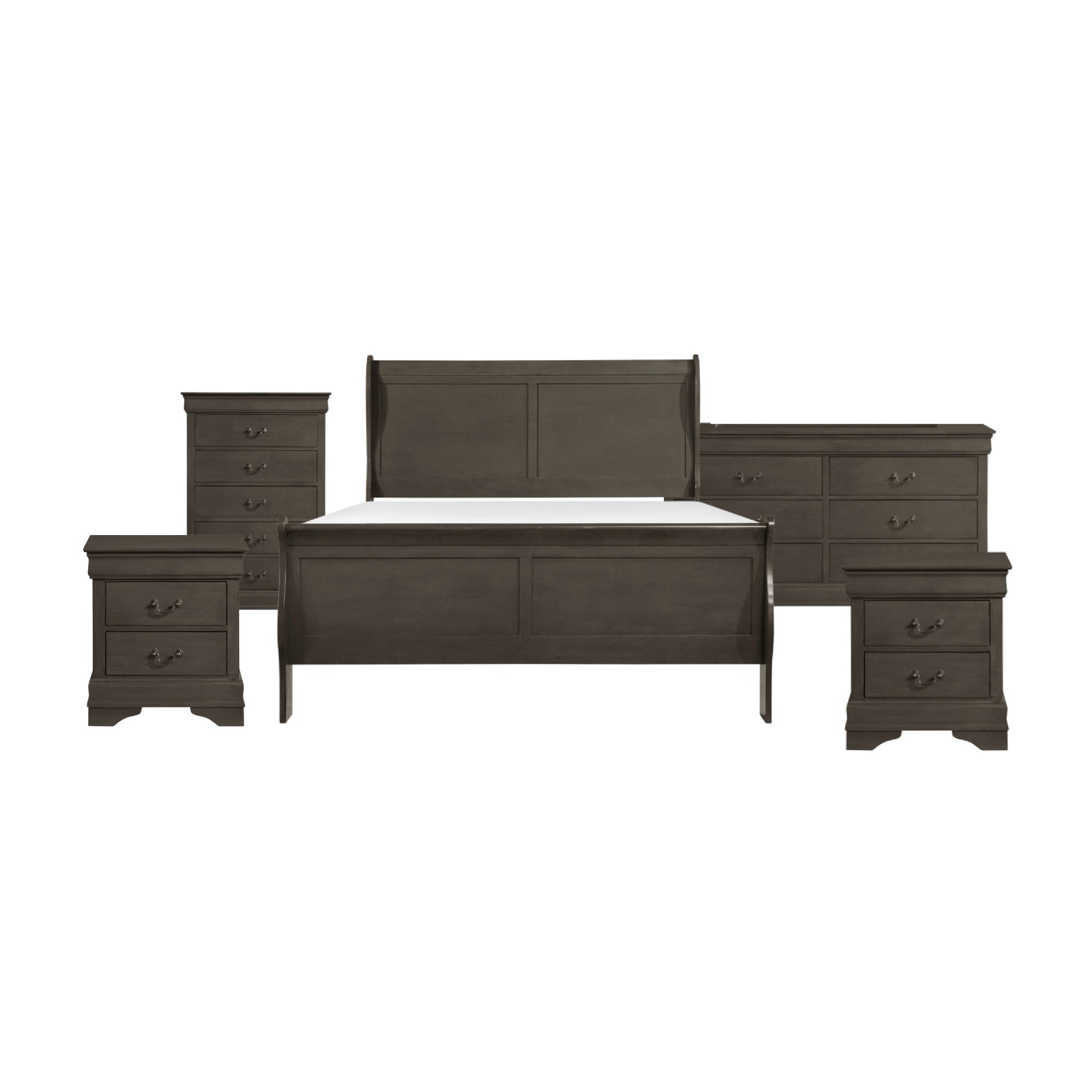 Queen Size Bedroom Set, Gray Finish, Panel Headboard, 5-Piece Set with Bed, 2 Nightstands, Dresser and Chest