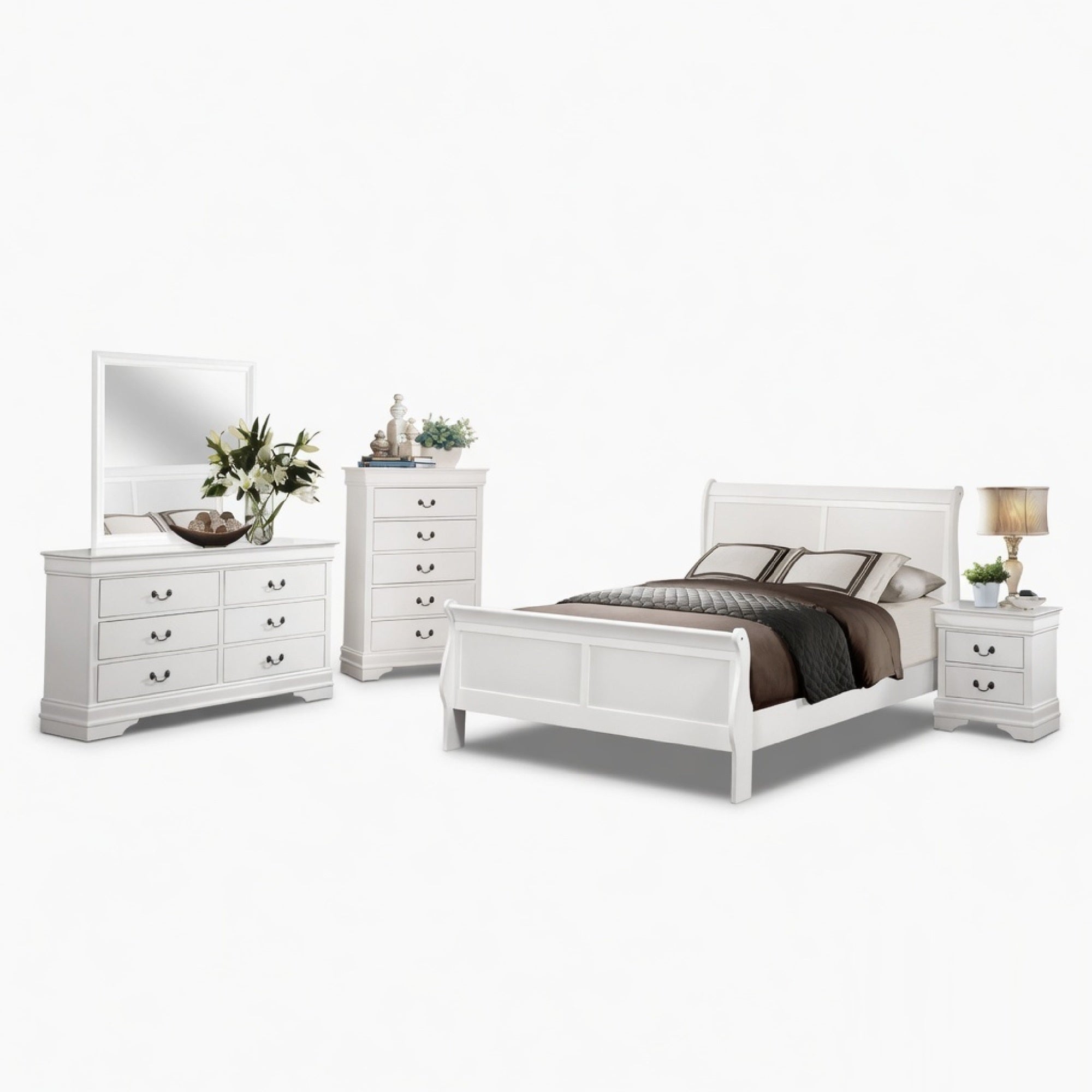 Full Size Bedroom Set, White Finish, 5-Piece Set with Bed, Dresser, Mirror, Chest and Nightstand