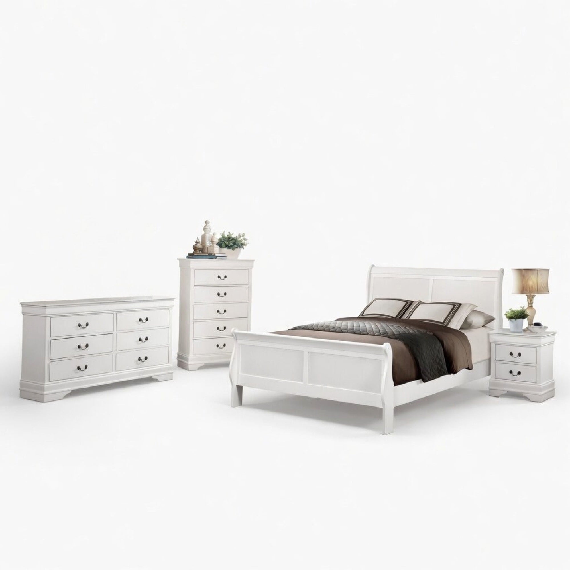 Full Size Bedroom Set, Traditional Carved Wood Design, White Finish, 4-Piece Set with Bed, Nightstands and Dresser