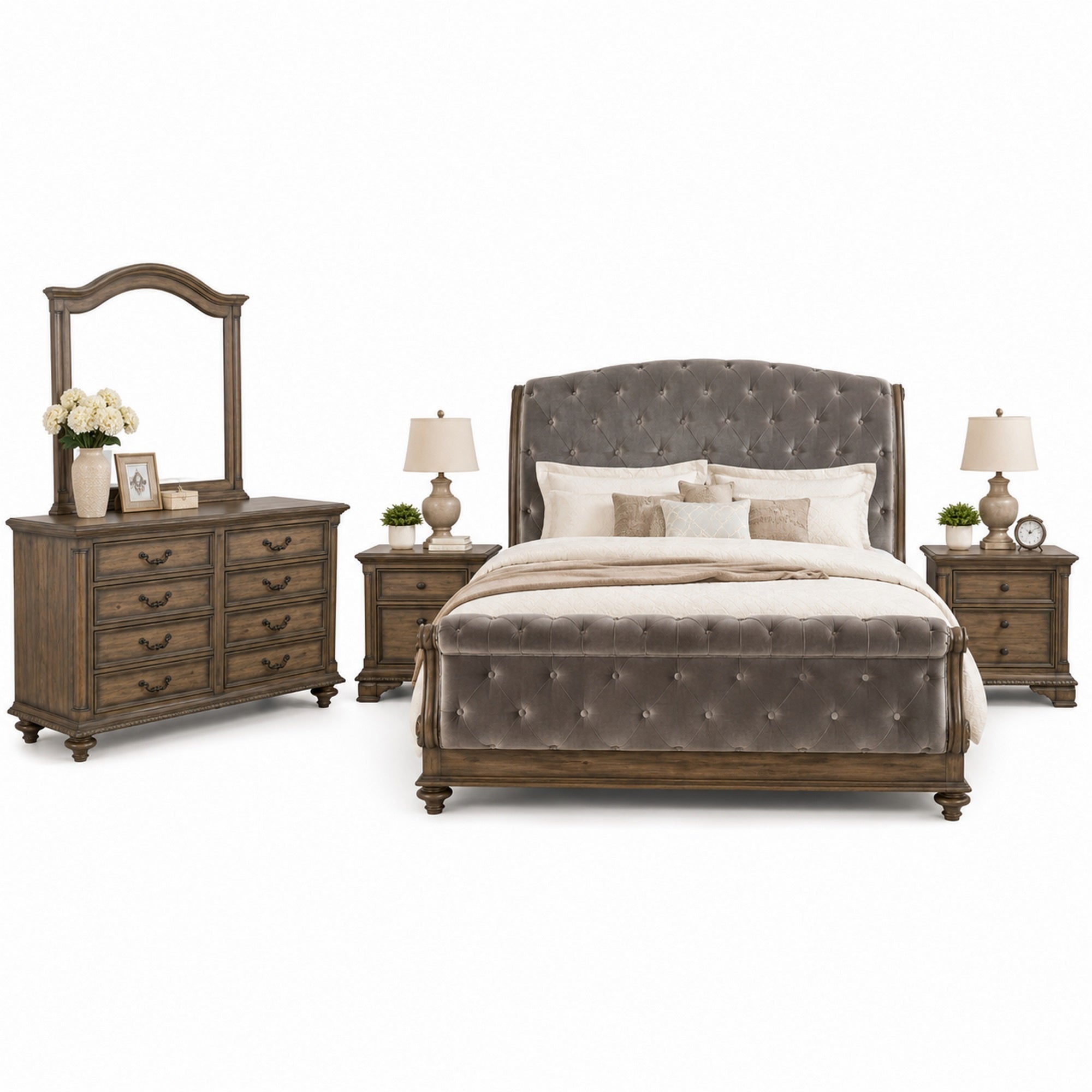 Queen Bedroom Set, Gray, Brown Wood, 5 Piece Set with 2 Nightstands, Dresser, and Mirror