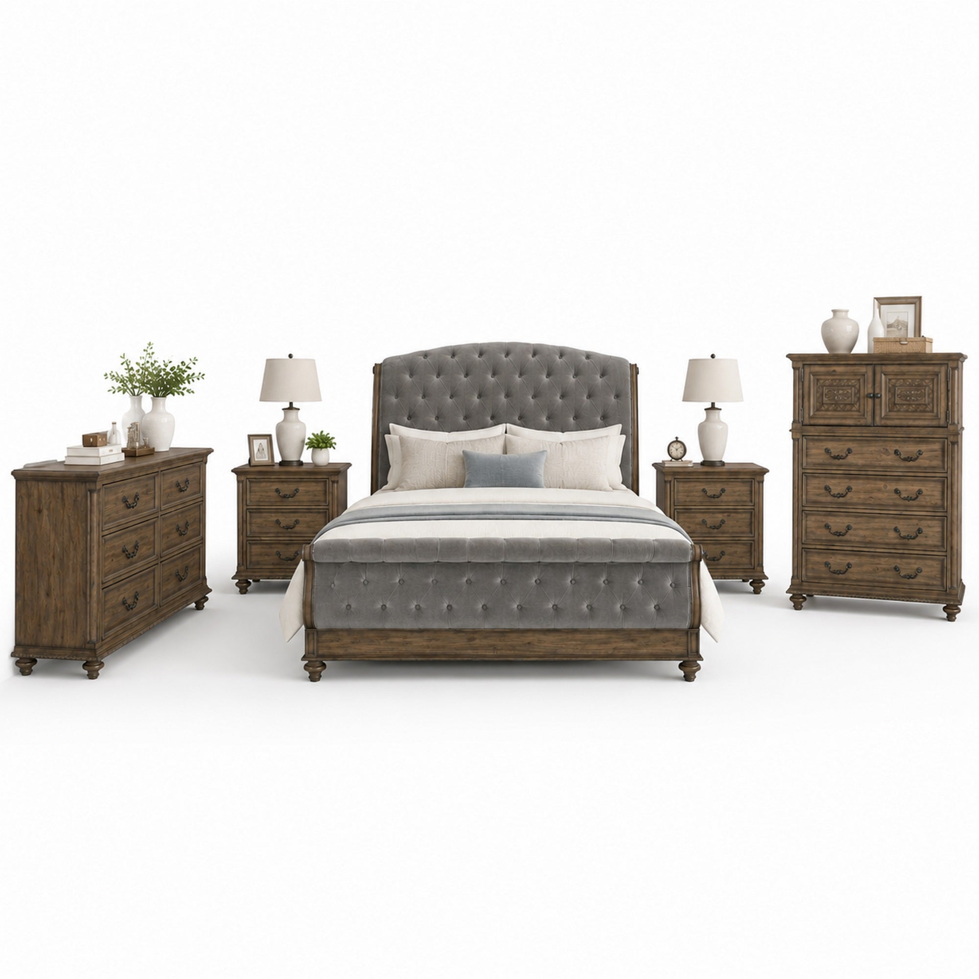 Queen Bedroom Set, Gray, Brown Wood, 5 Piece Set with 2 Nightstands, Dresser, and Chest