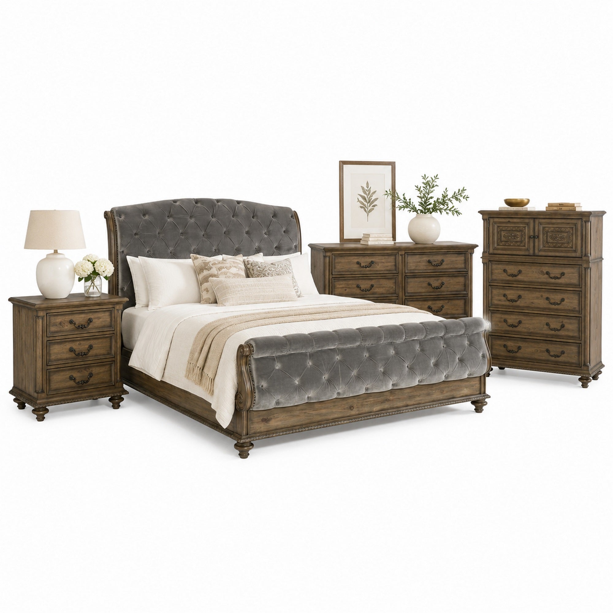 Queen Bedroom Set, Gray, Brown Wood, 4 Piece Set with Nightstand, Dresser, and Chest