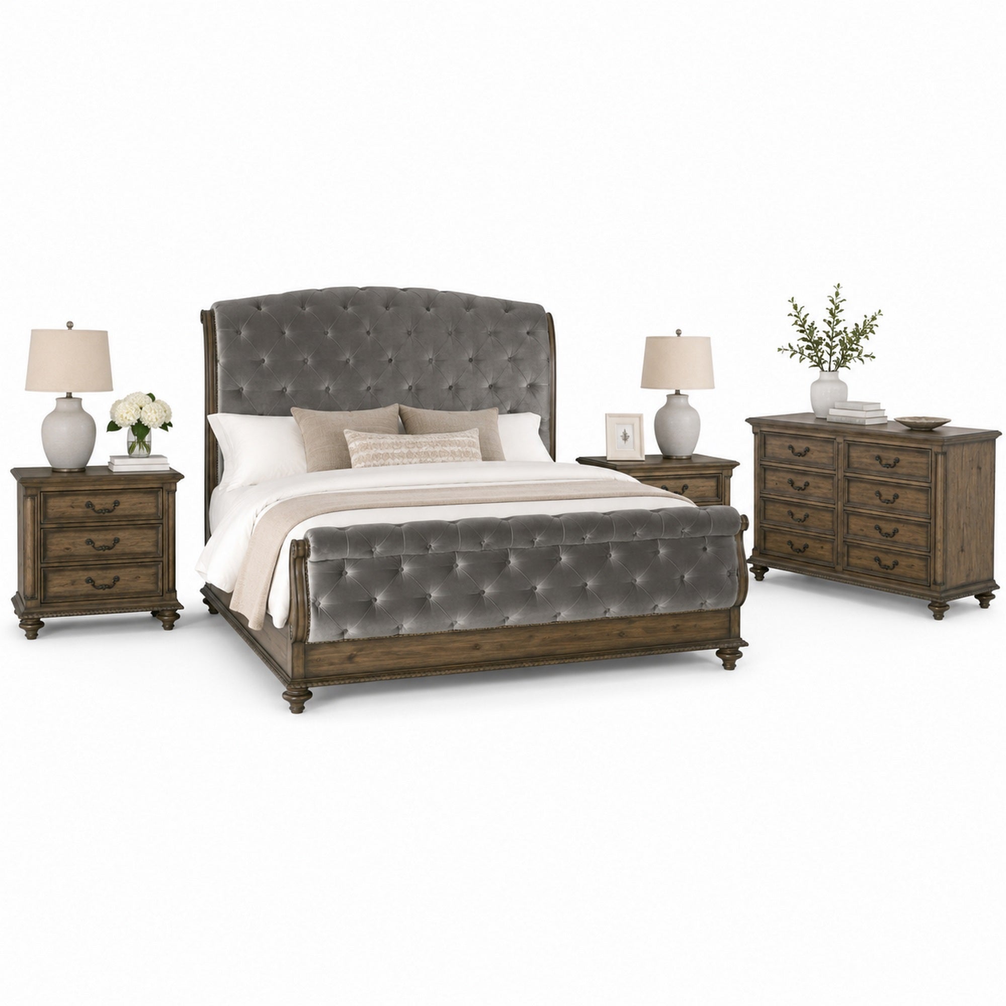 Queen Bedroom Set, Gray, Brown Wood, 4 Piece Set with 2 Nightstands and Dresser