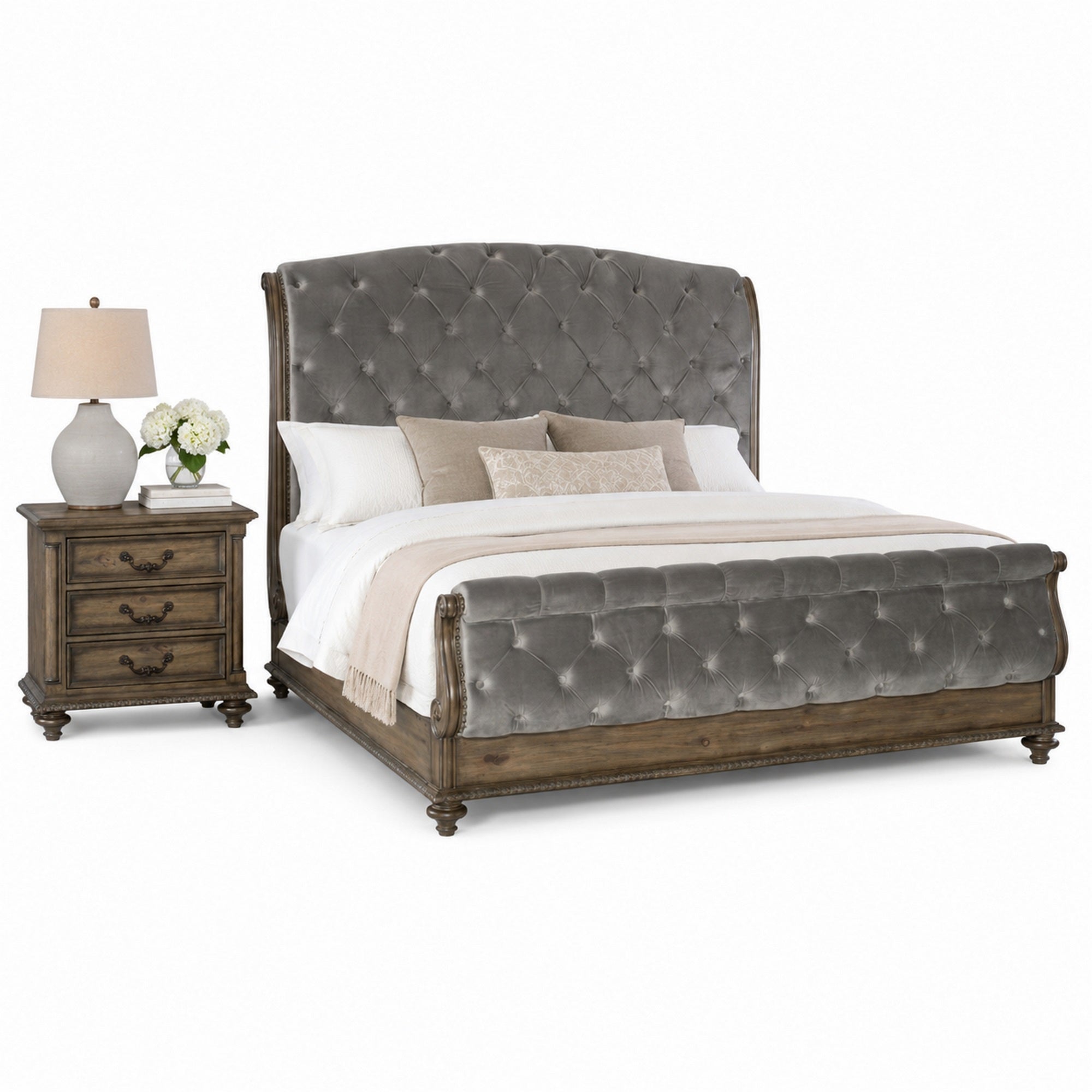 Queen Bedroom Set, Gray, Brown Wood, 2 Piece Set with Nightstand