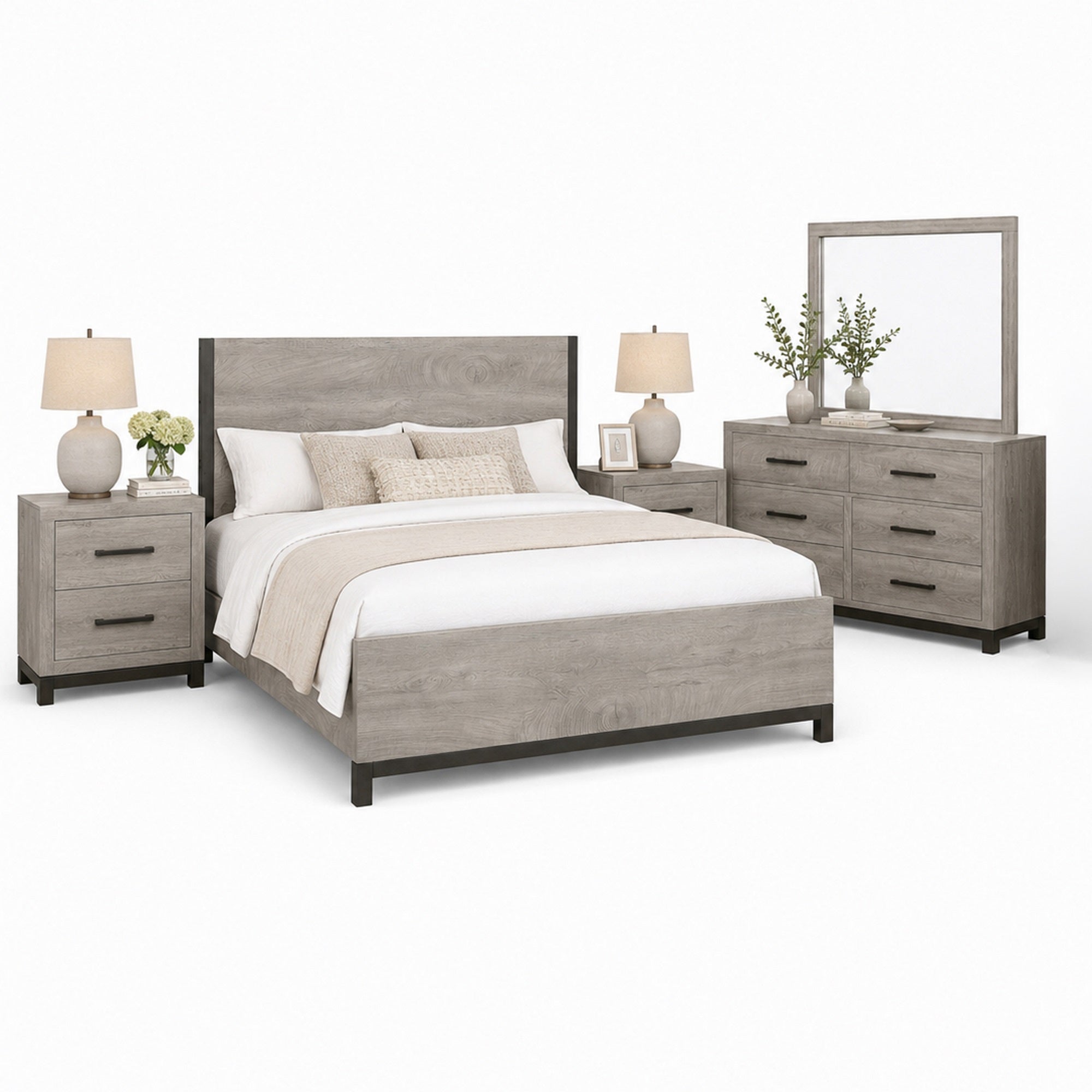 Queen Bedroom Set, Gray Wood, 5 Piece Set with 2 Nightstands, Dresser, and Mirror