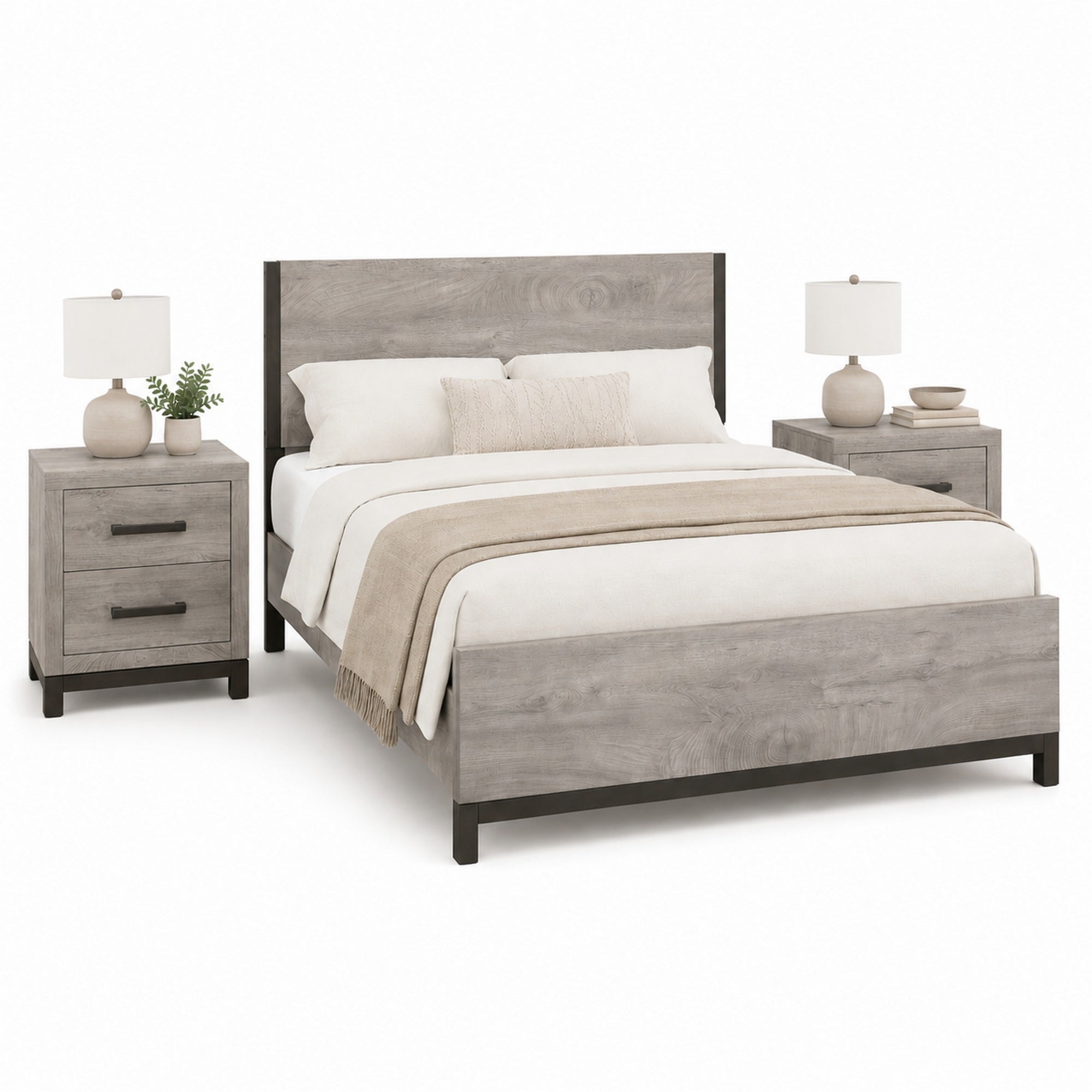 Queen Bedroom Set, Gray Wood, 3 Piece Set with 2 Nightstands