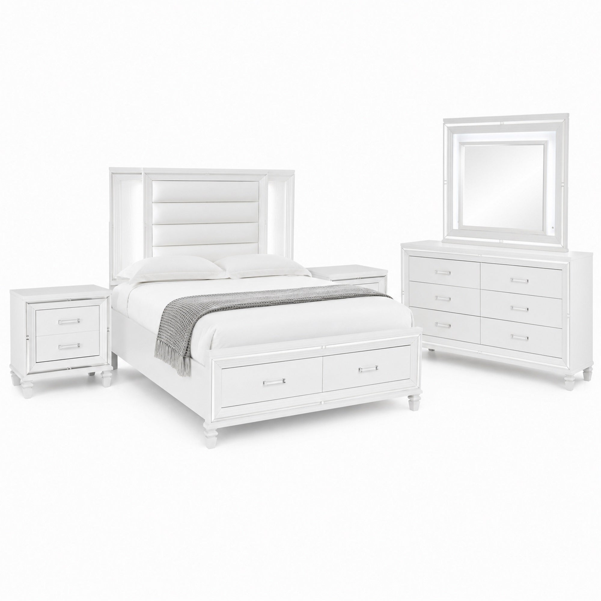 Queen Bedroom Set, White Wood, 5 Piece Set with 2 Nightstands, Dresser, and Mirror
