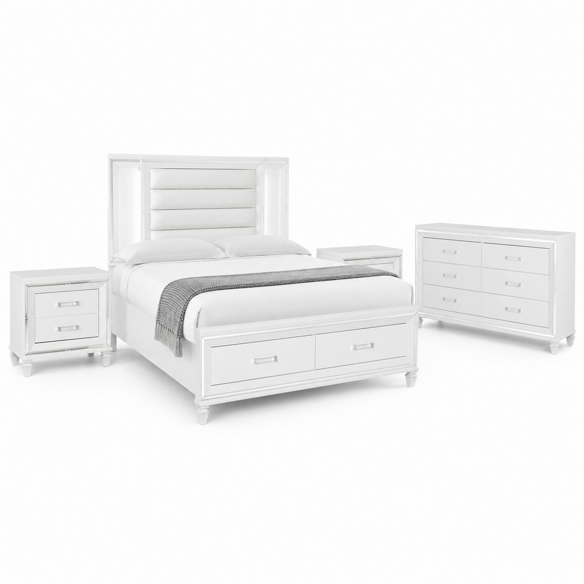Queen Bedroom Set, White Wood, 4 Piece Set with 2 Nightstands and Dresser