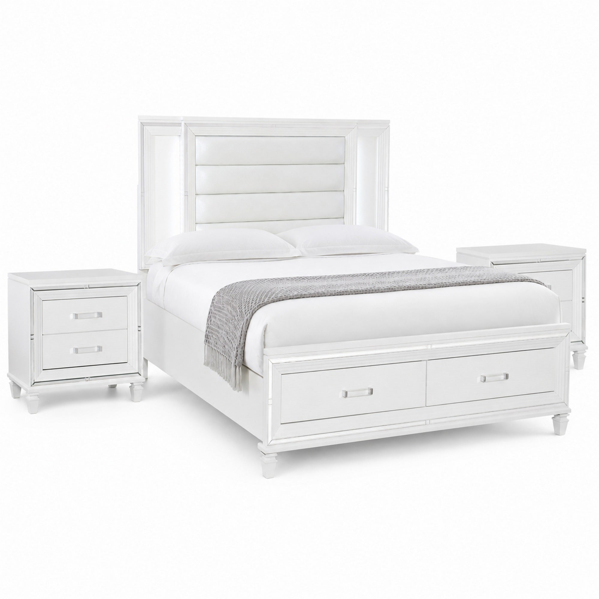 Queen Bedroom Set, White Wood, 3 Piece Set with 2 Nightstands