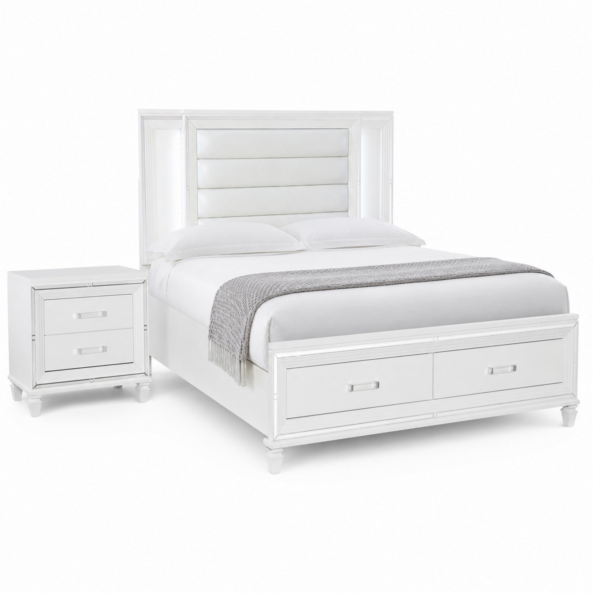 Queen Bedroom Set, White Wood, 2 Piece Set with Nightstand