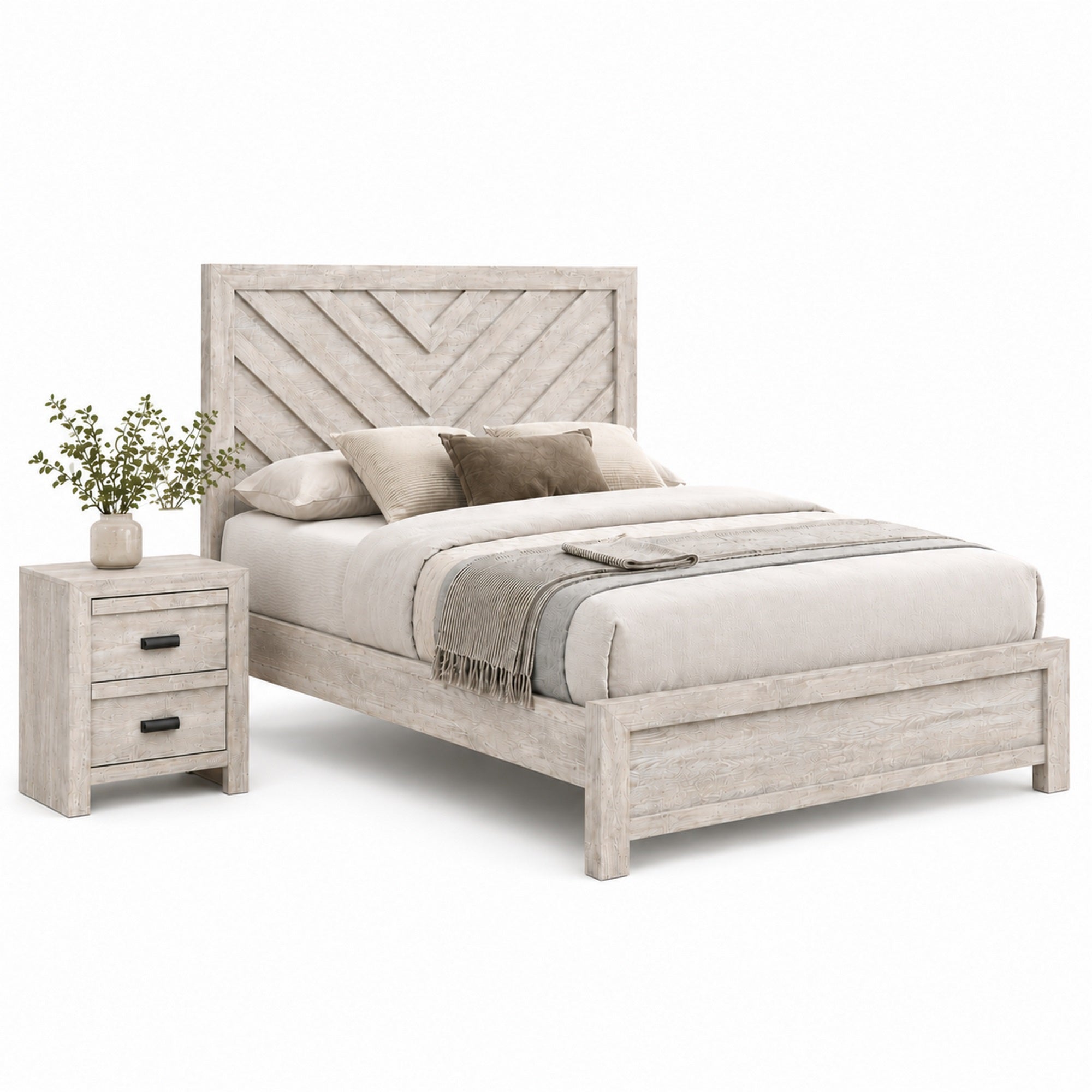 King Bedroom Set, Beige, Black Wood, 2 Piece Set with Nightstand