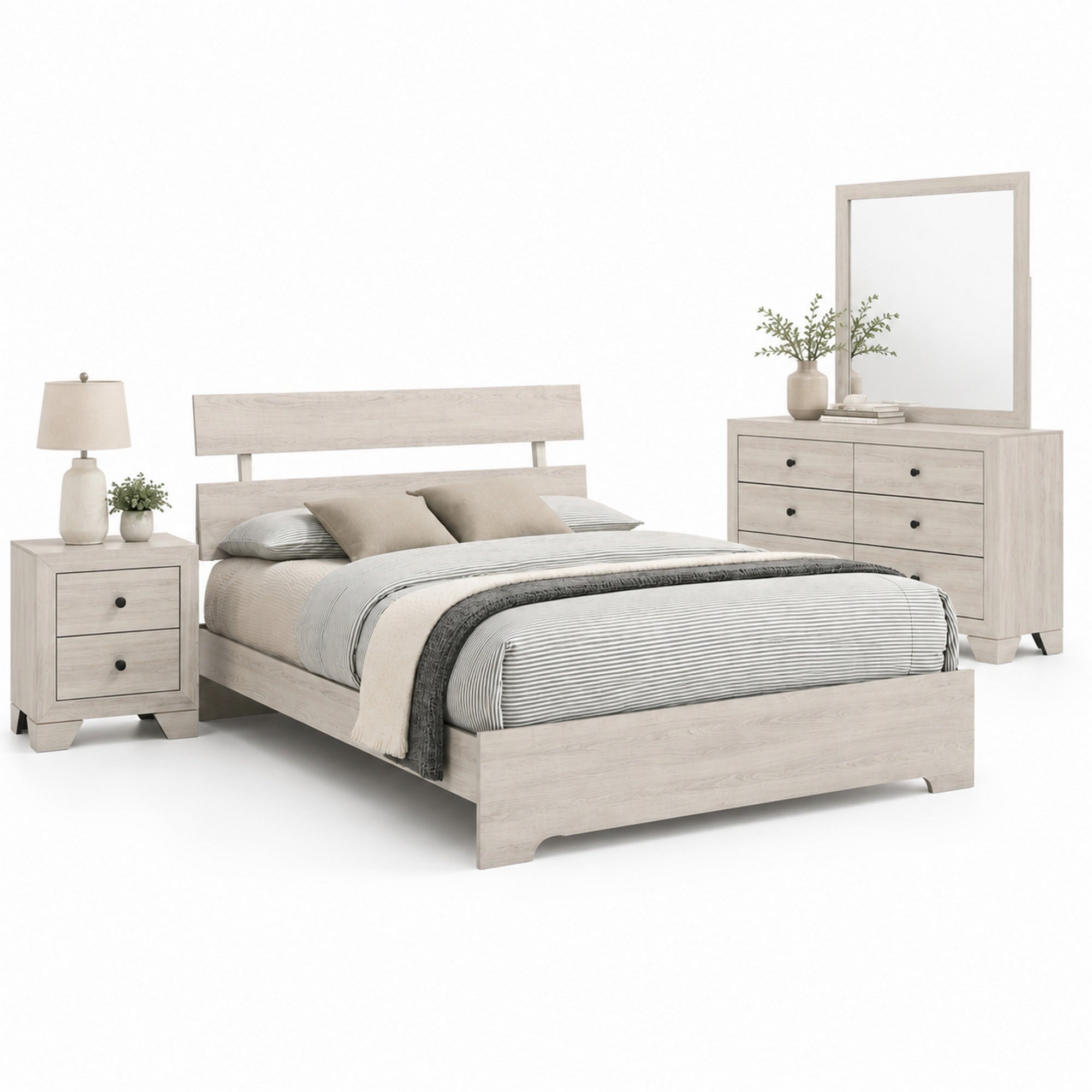 Full Bedroom Set, White, Black Wood, 3 Piece Set with Nightstand and Dresser