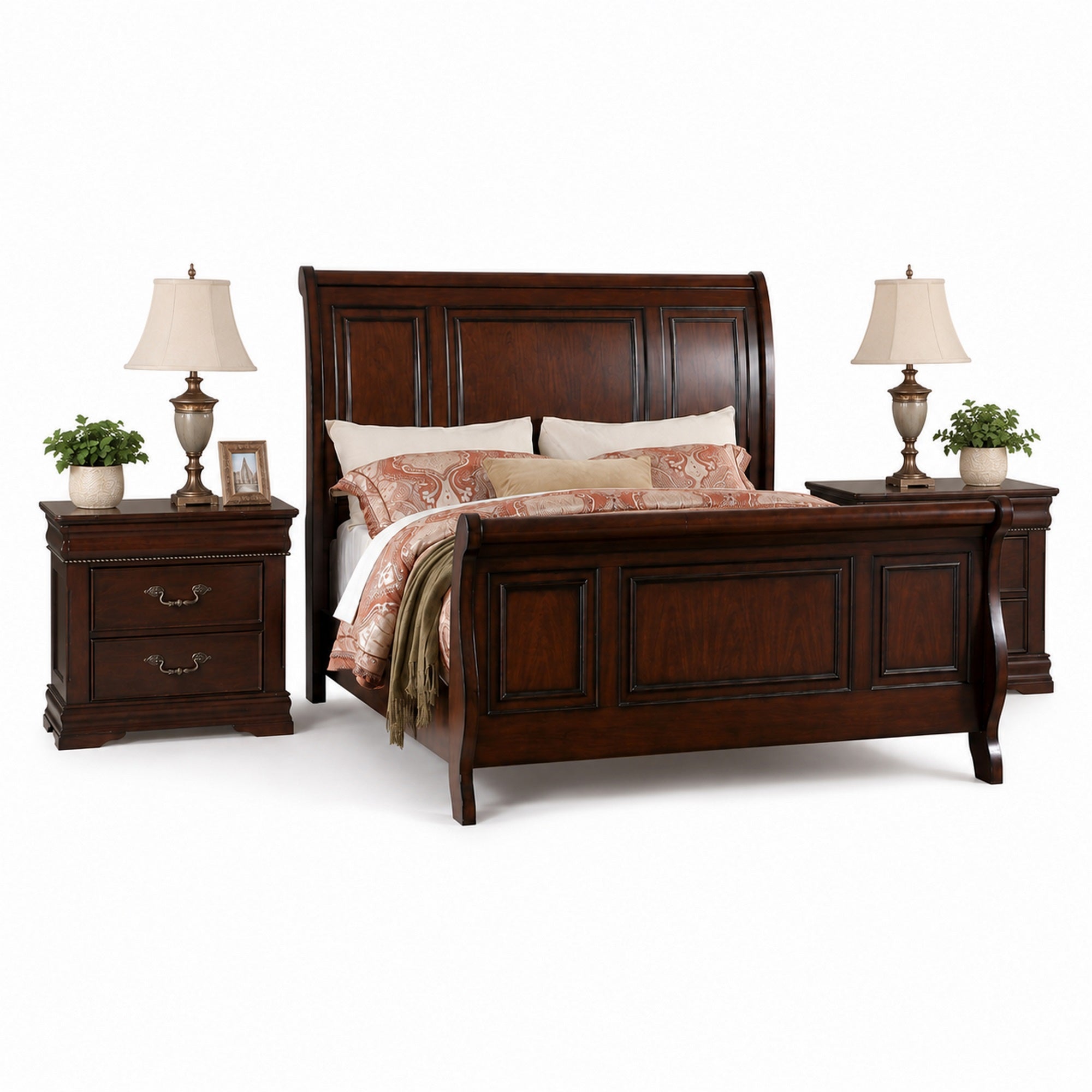 Queen Bedroom Set, Brown Wood, 3 Piece Set with 2 Nightstands
