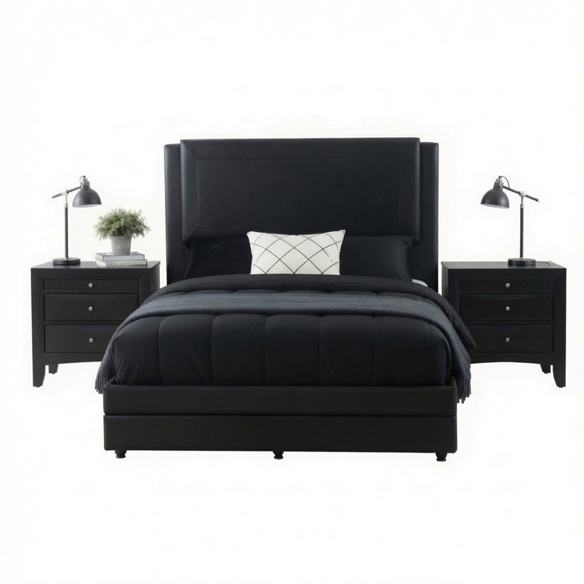 Queen Bedroom Set, Black Wood, 3 Piece Set with 2 Nightstands