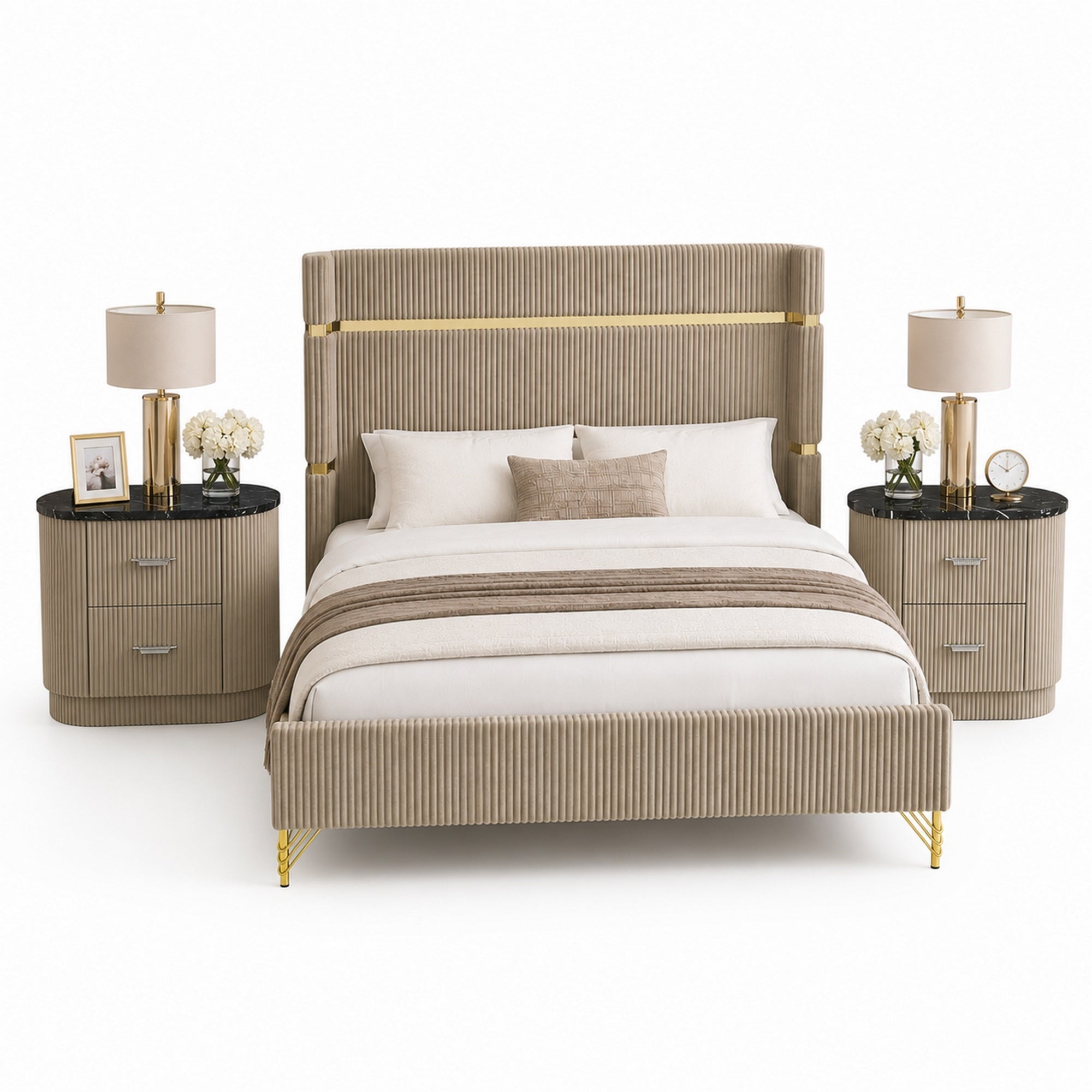 Queen Bedroom Set, Gold, Beige, Black, Silver Wood, 3 Piece Set with 2 Nightstands