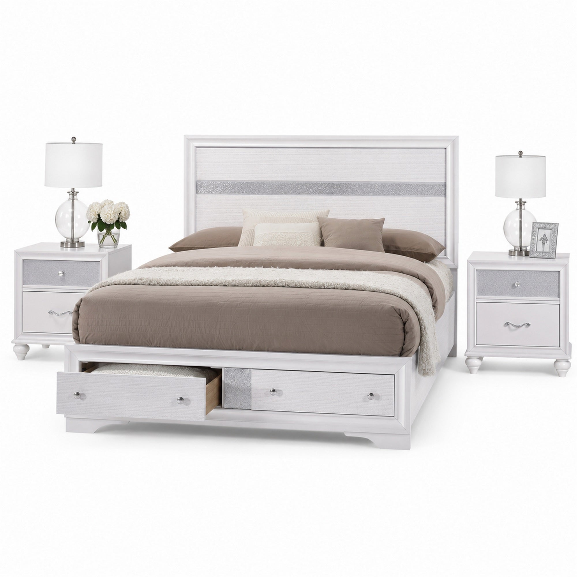 King Bedroom Set, White Wood, 3 Piece Set with 2 Nightstands