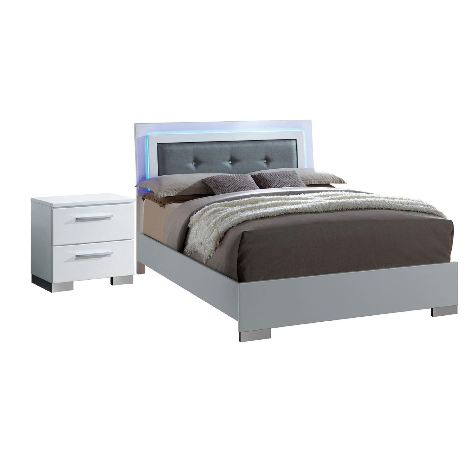 Queen Bedroom Set in White & Black Wood  2 Piece Set with Nightstand