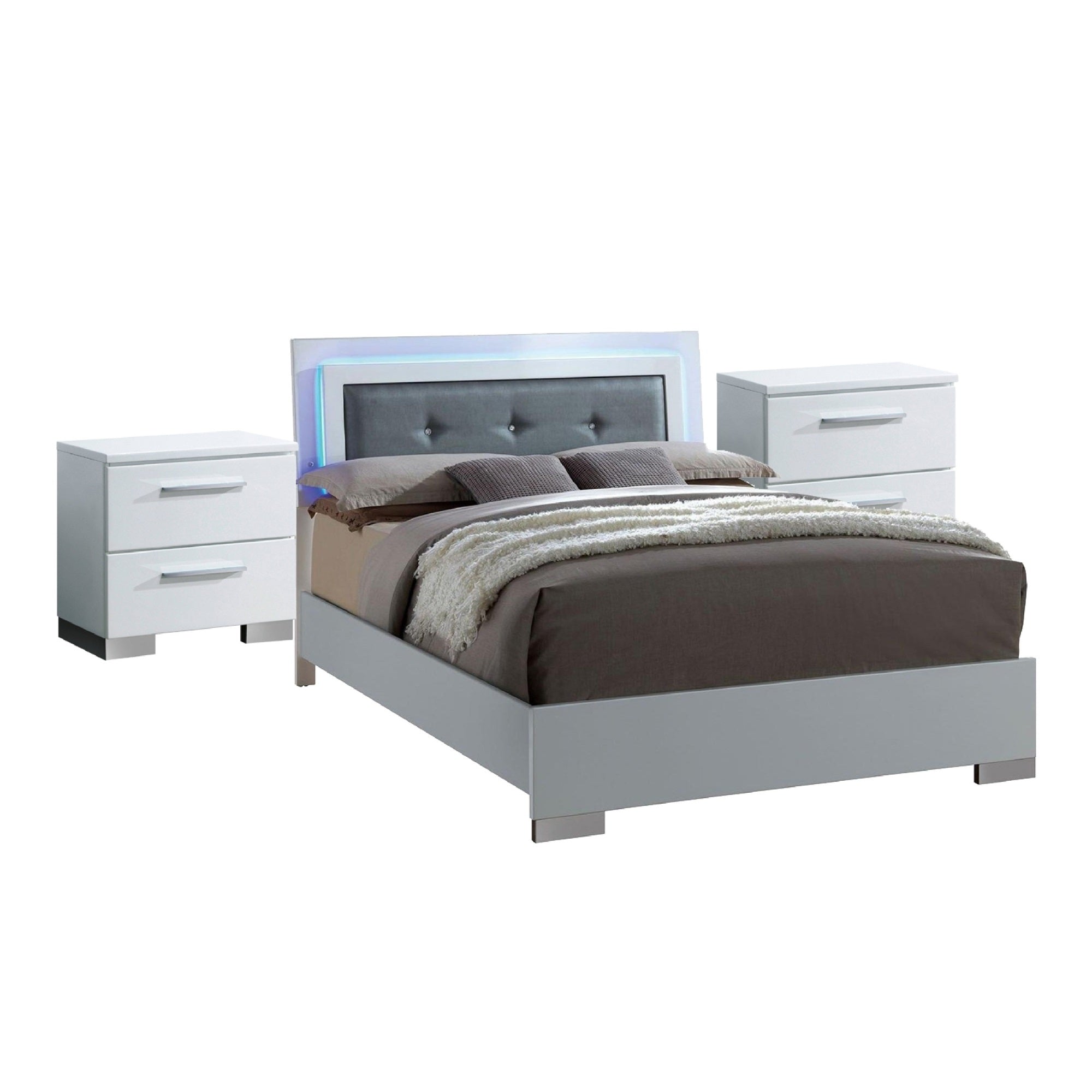 Queen Bedroom Set in White & Black Wood  3 Piece Set with 2 Nightstands