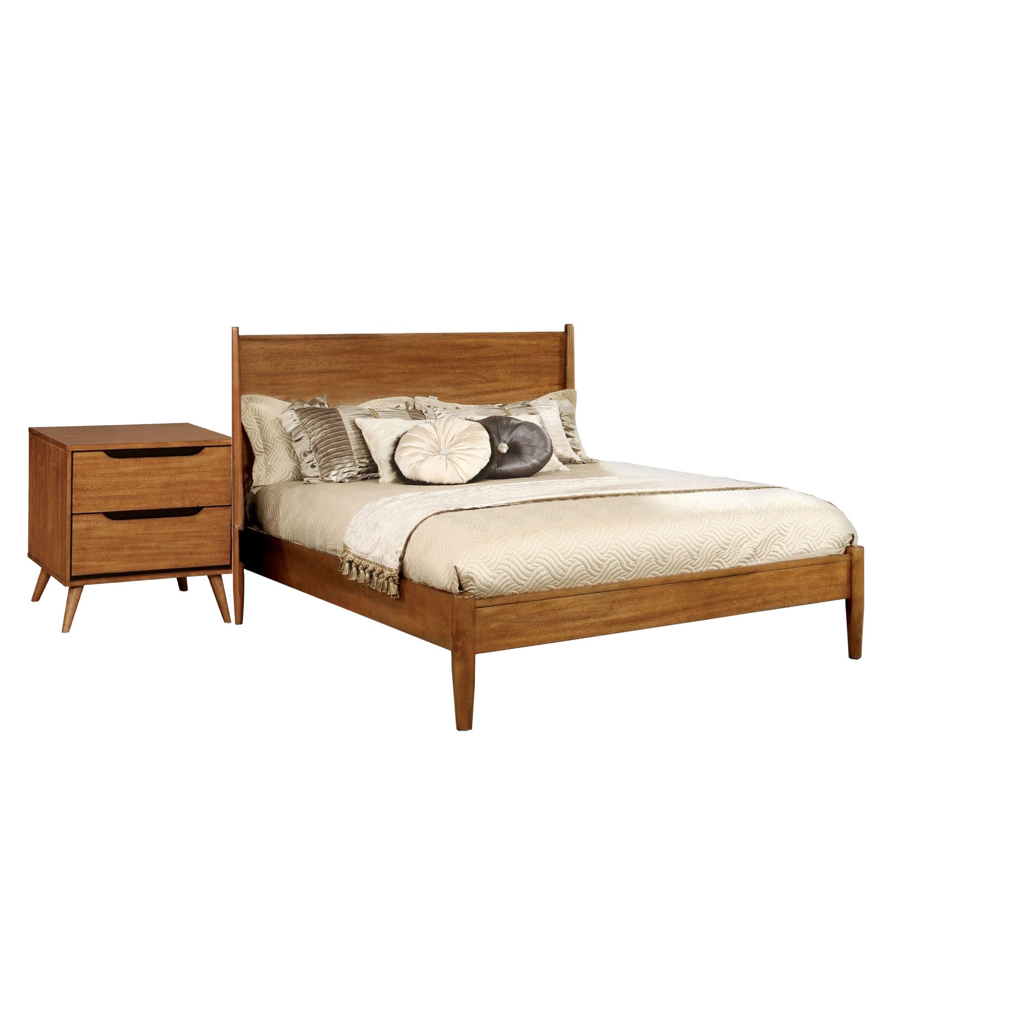 Queen Bedroom Set in Oak Brown Wood  2 Piece Set with Nightstand