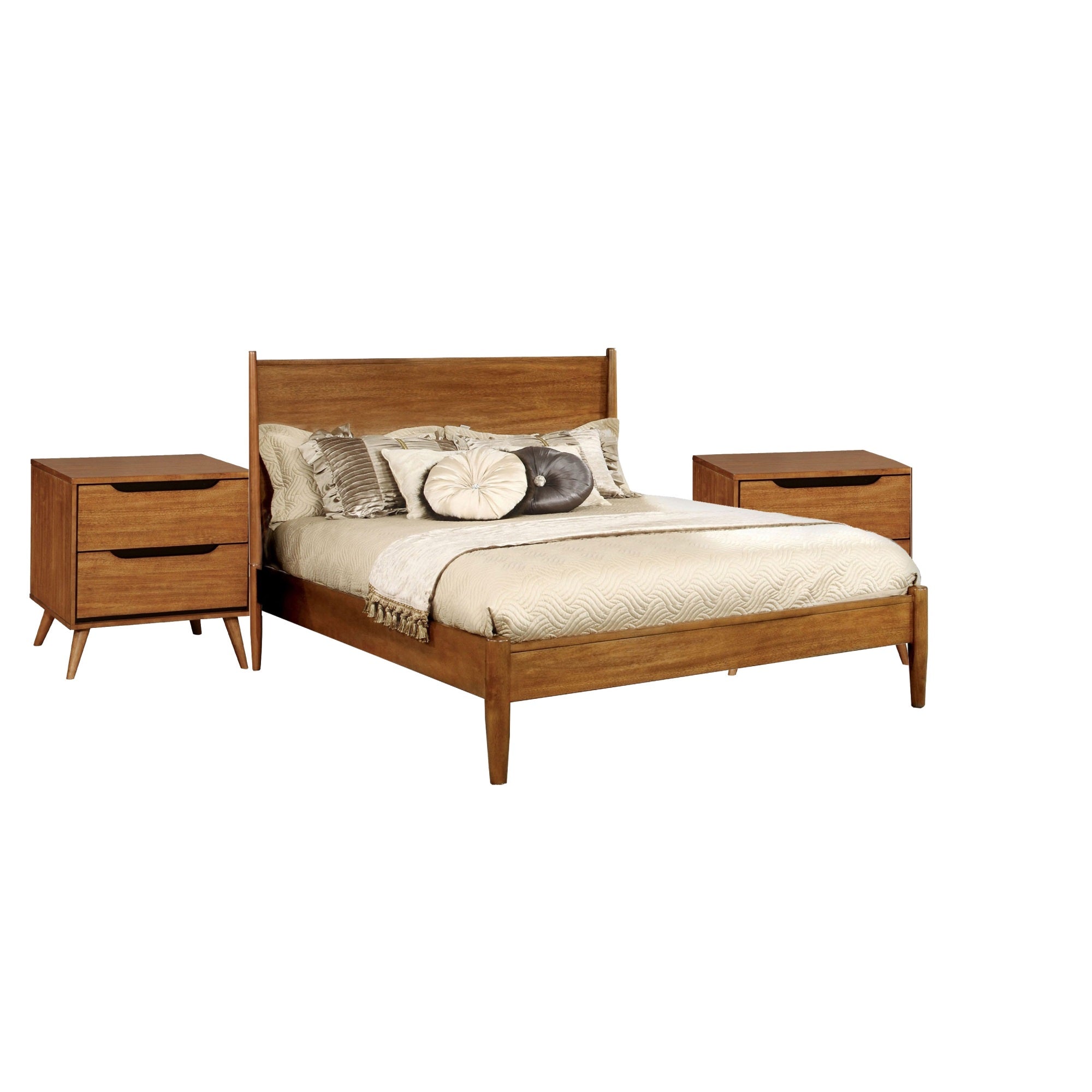 Queen Bedroom Set in Oak Brown Wood  3 Piece Set with 2 Nightstands
