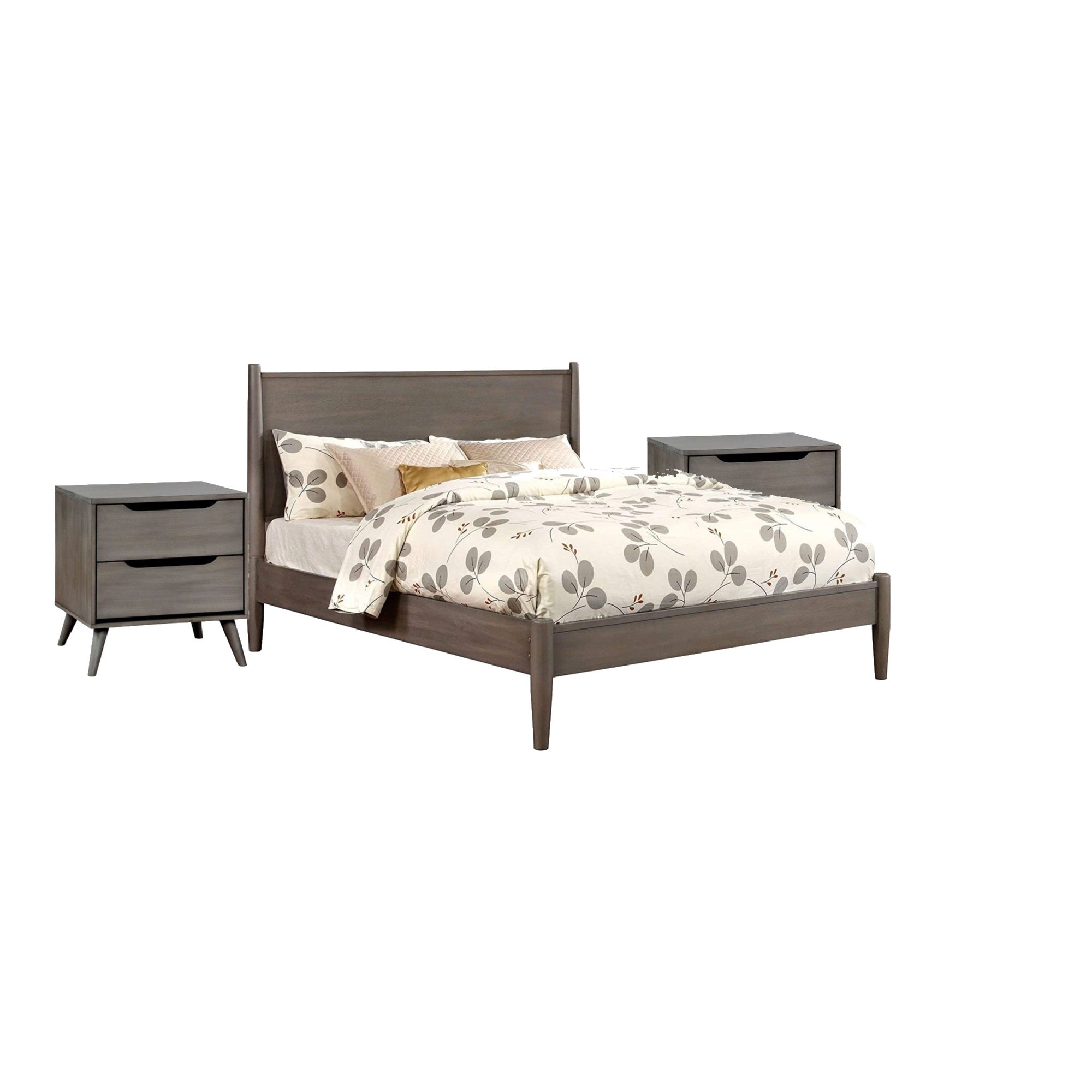 Queen Bedroom Set in Gray Wood  3 Piece Set with 2 Nightstands