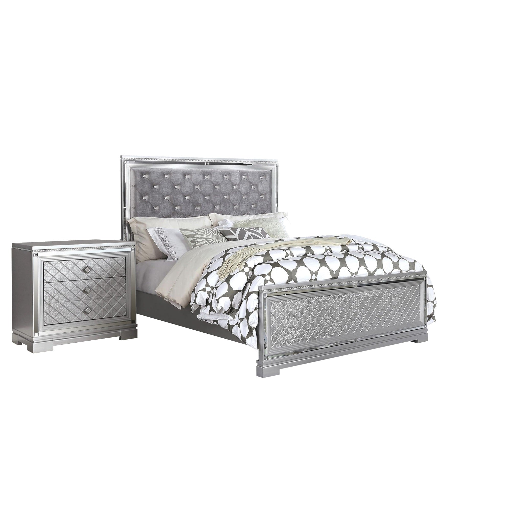 2-Piece Queen Bedroom Set  Silver Finish Bed & Matching Nightstand