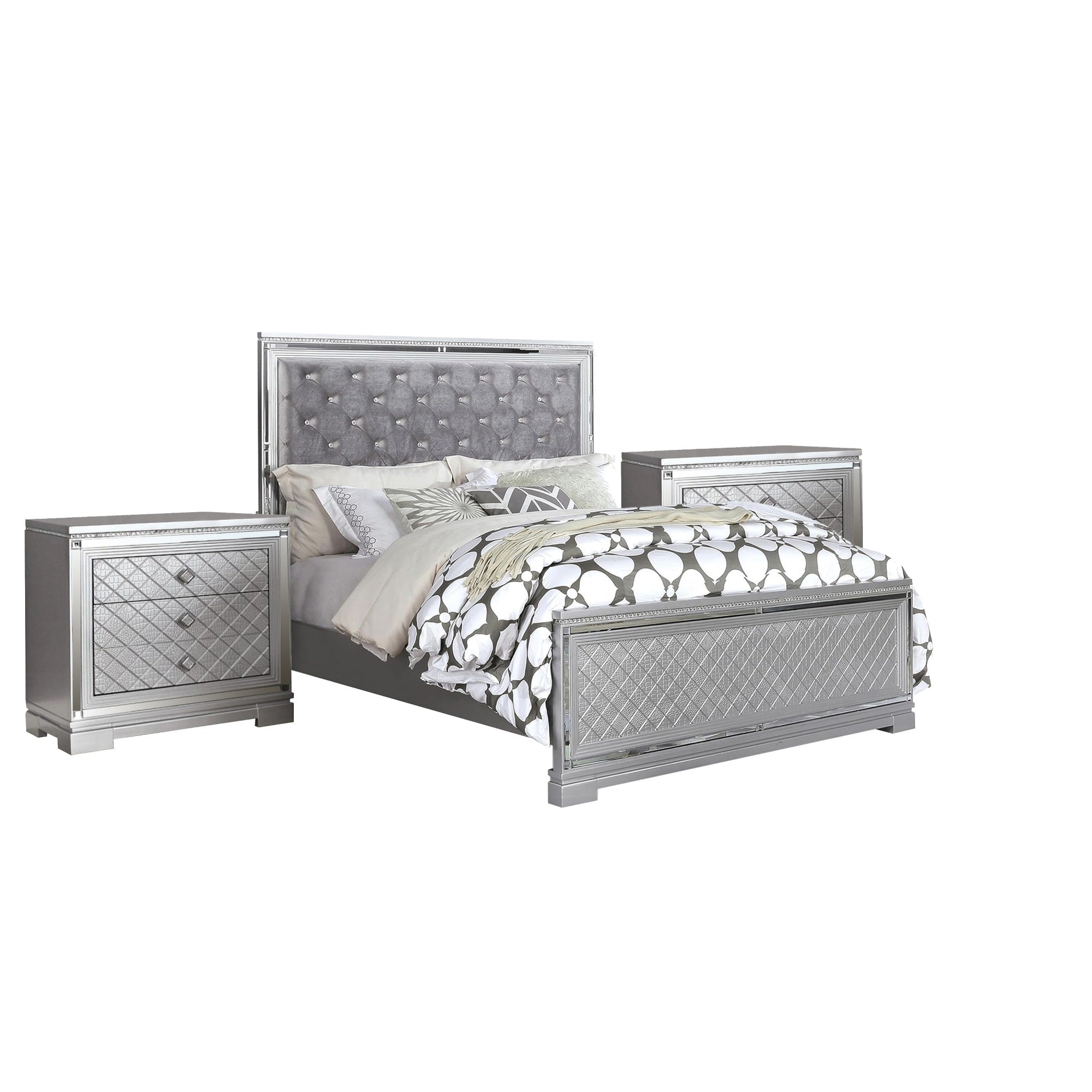 3-Piece Queen Bedroom Set  Silver Finish Bed & Matching Nightstand