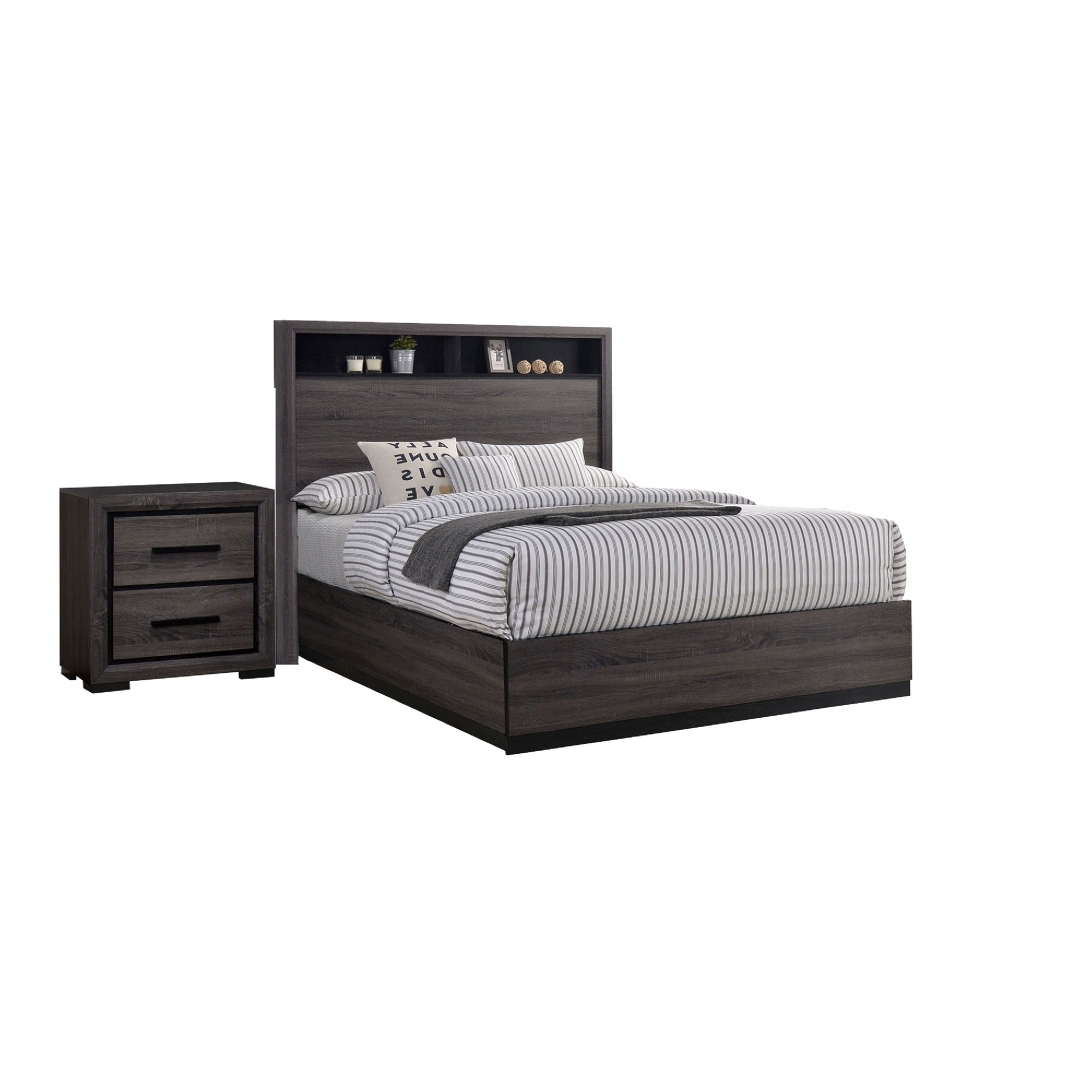 Queen Bedroom Set in Gray & Black Wood  2 Piece Set with Nightstand