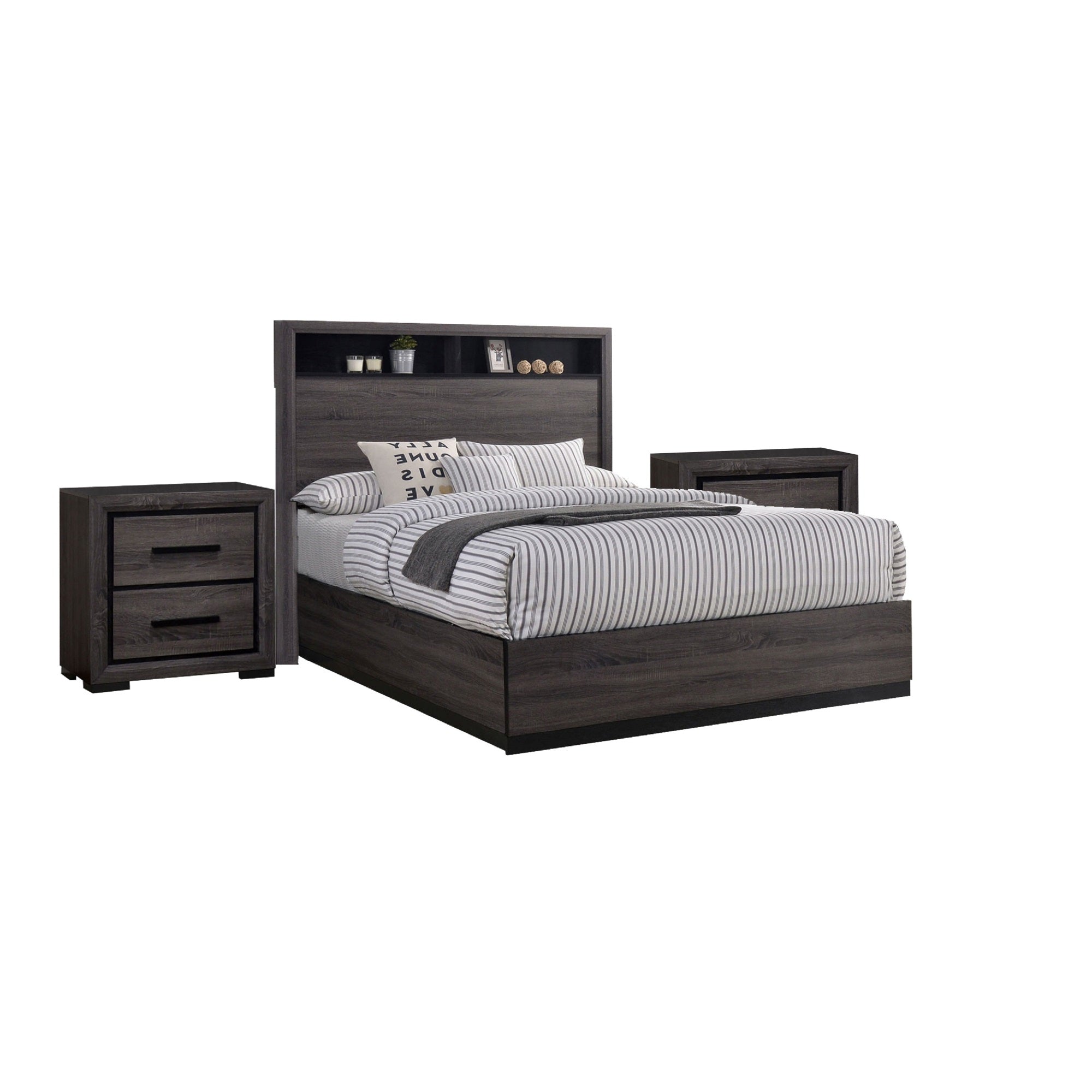 Queen Bedroom Set in Gray & Black Wood  3 Piece Set with 2 Nightstands