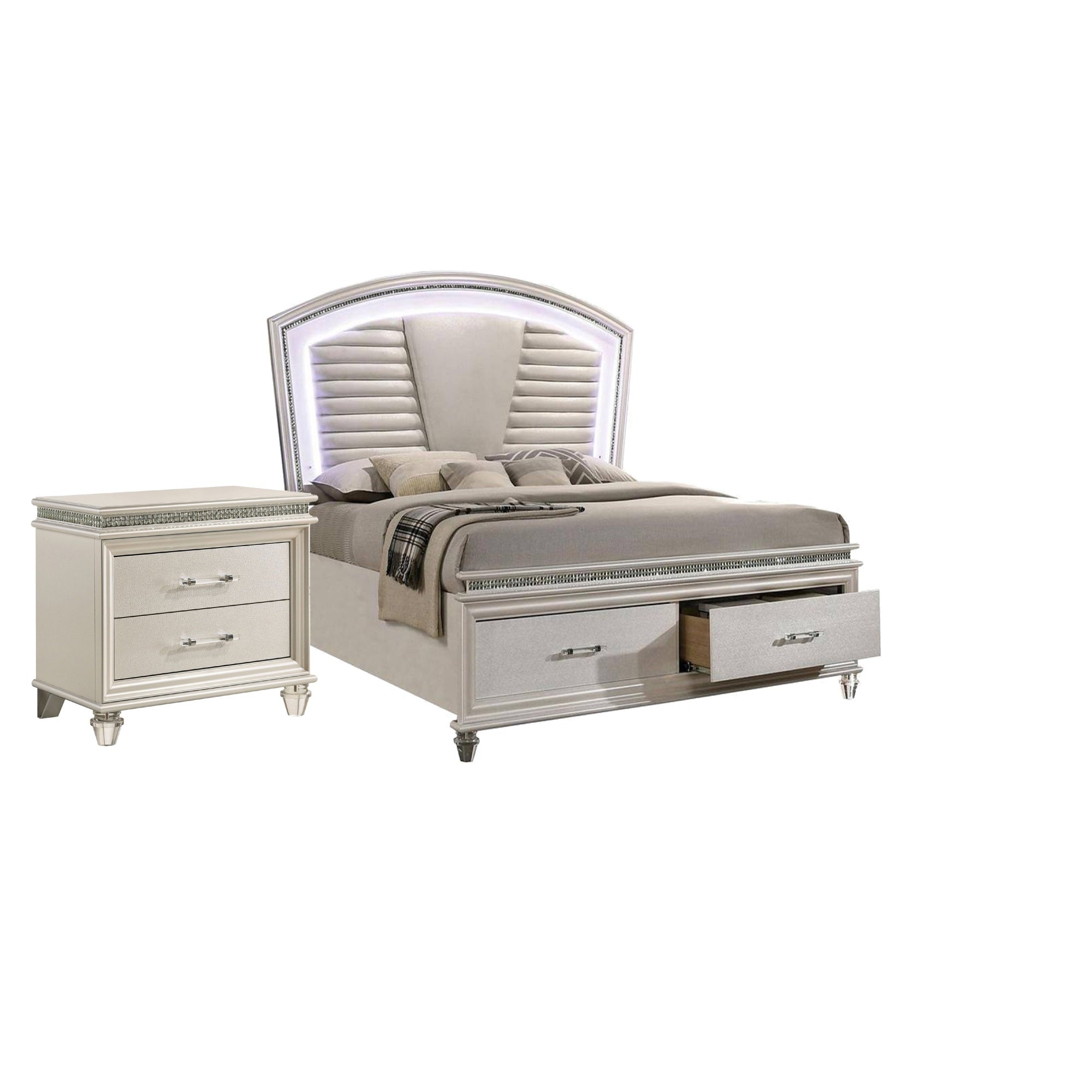 Queen Bedroom Set in Pearl White & Silver with Clear Wood Accents  2 Piece Set with Nightstand