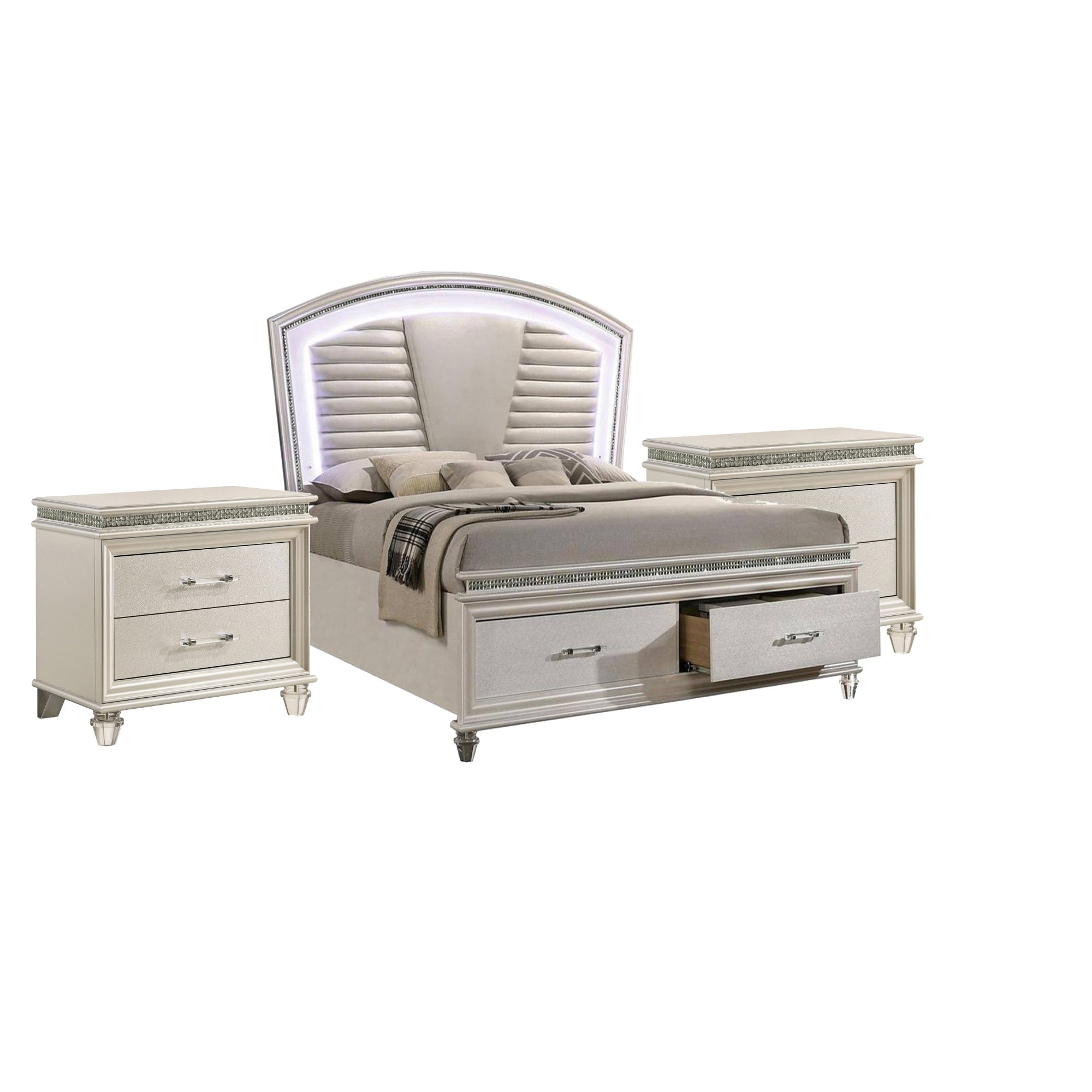 Queen Bedroom Set in Pearl White & Silver with Clear Wood Accents  3 Piece Set with 2 Nightstands