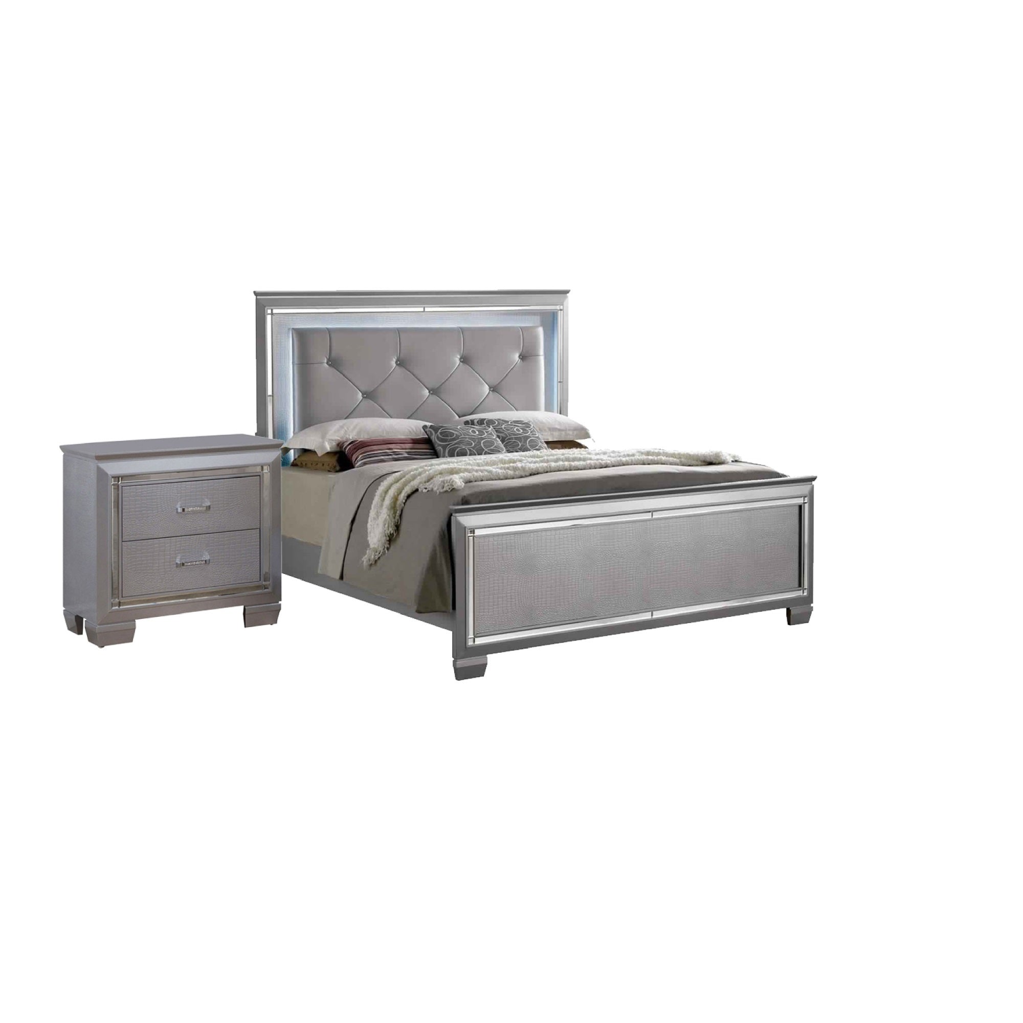 Queen Bedroom Set, Gray Wood, 2 Piece Set with Nightstand