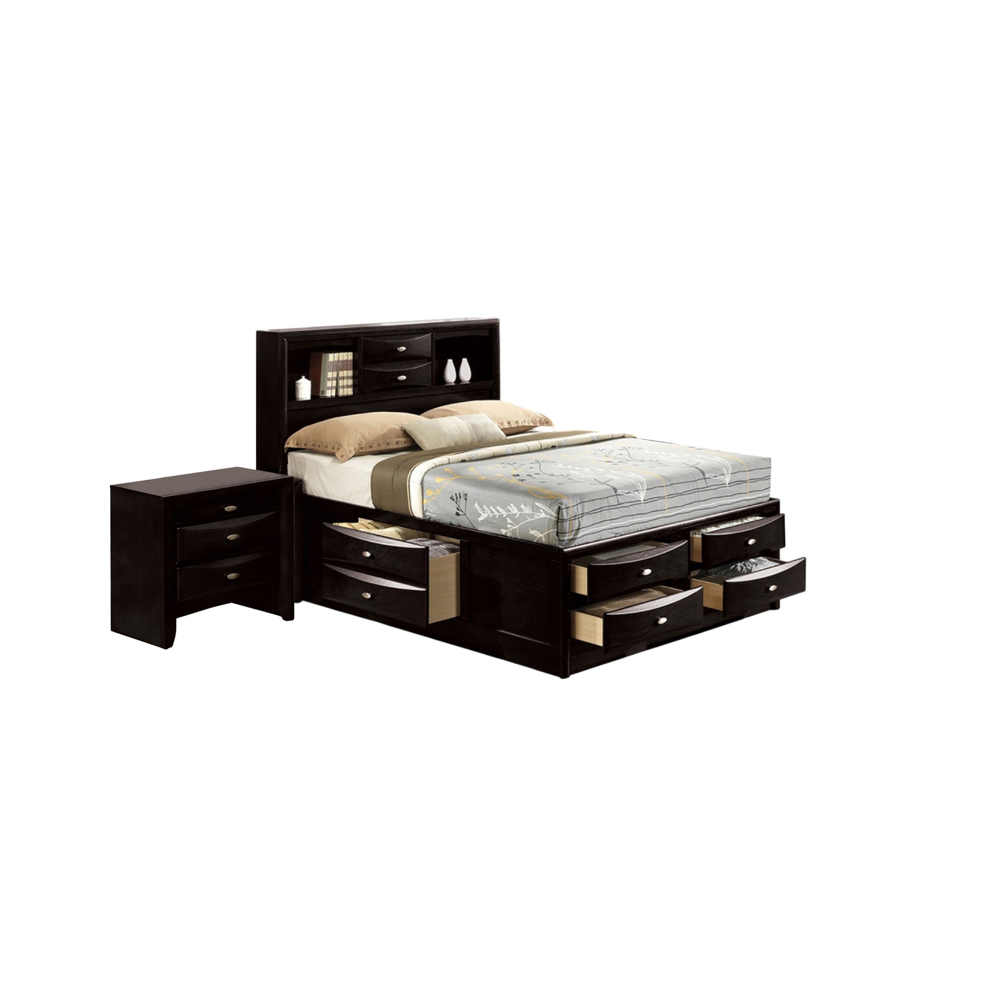 Queen Bedroom Set in Black & Nickel Wood  2 Piece Set with Nightstand