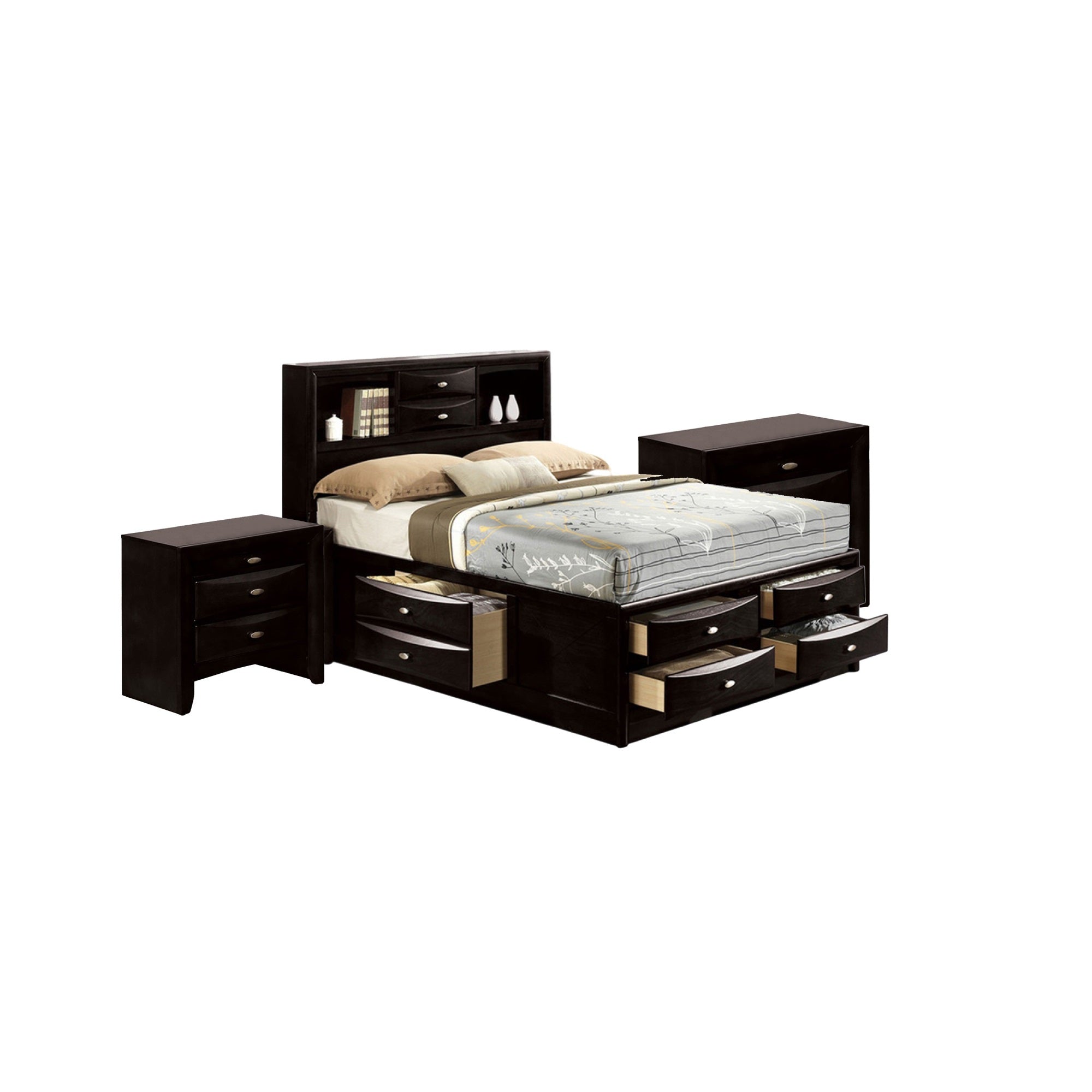Queen Bedroom Set in Black & Nickel Wood  3 Piece Set with 2 Nightstands
