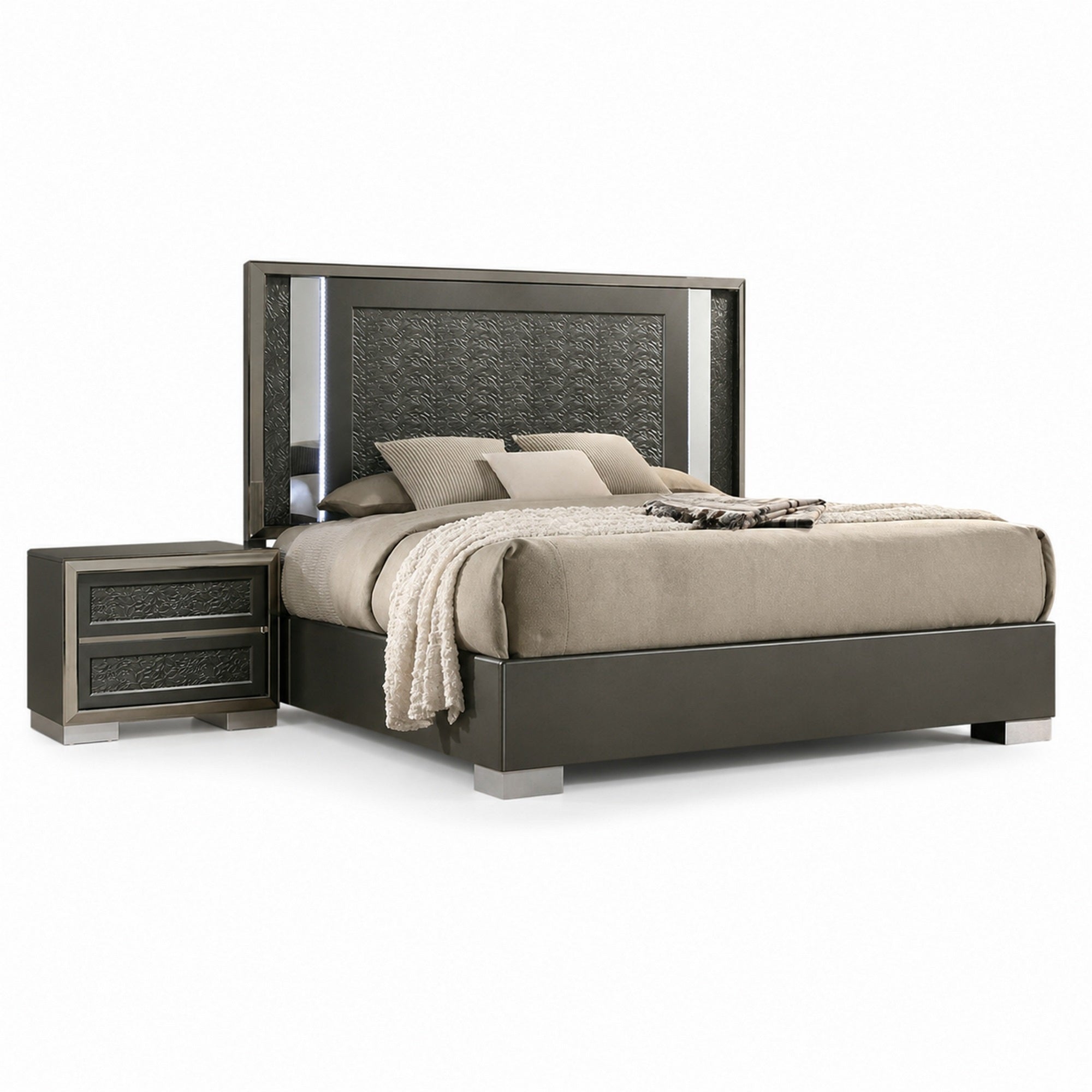 Queen Bedroom Set, White, Gray Wood, 2 Piece Set with Nightstand