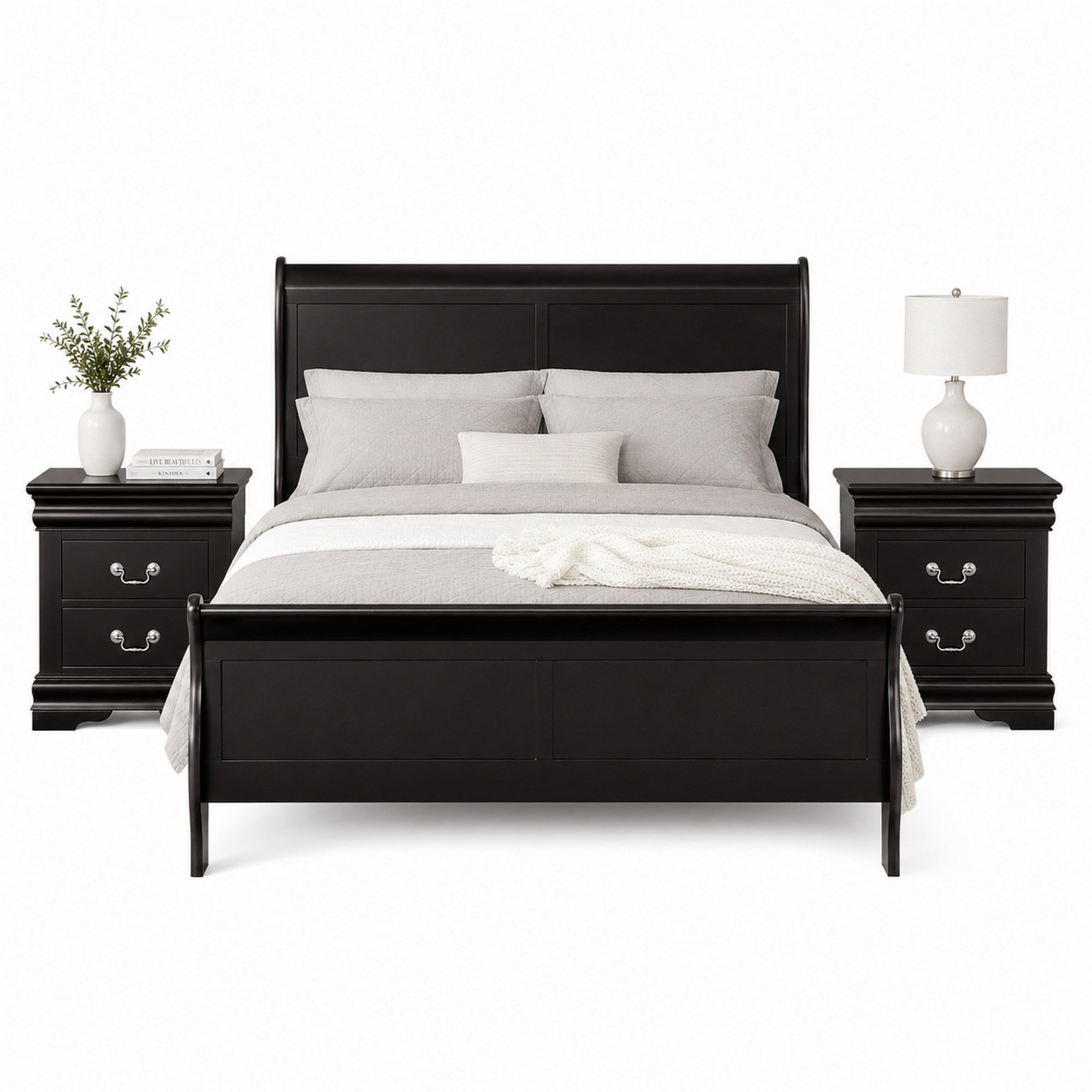 Queen Bedroom Set, Black, Nickel Wood, 3 Piece Set with 2 Nightstands